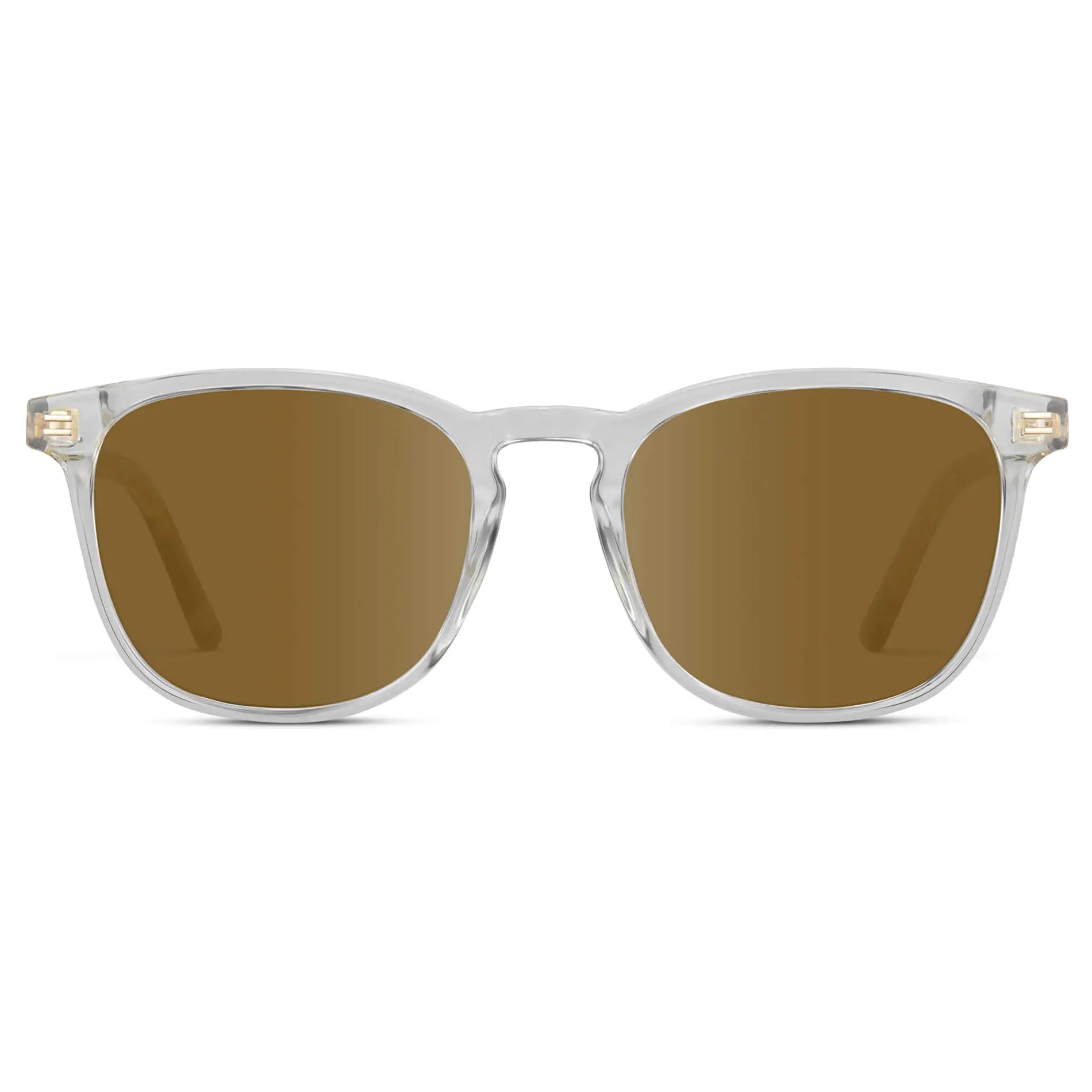 Clear / Amber || Clear Square Frame Prescription Sunglasses with Brown Lenses on a white background