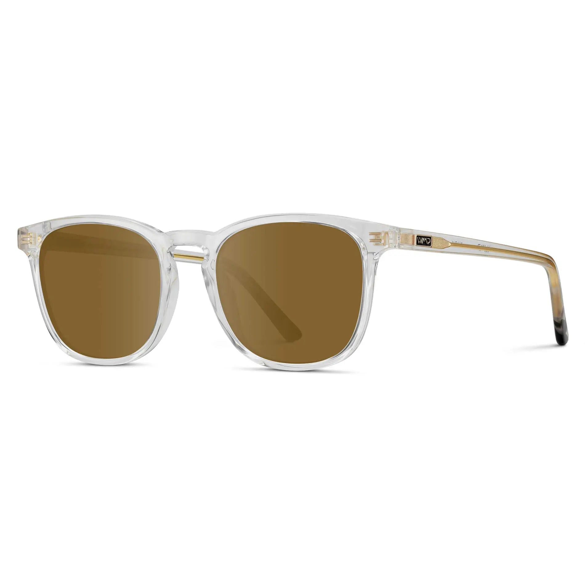 Clear / Amber || Side view of Clear Square Frame Prescription Sunglasses with Brown Lenses on a white background