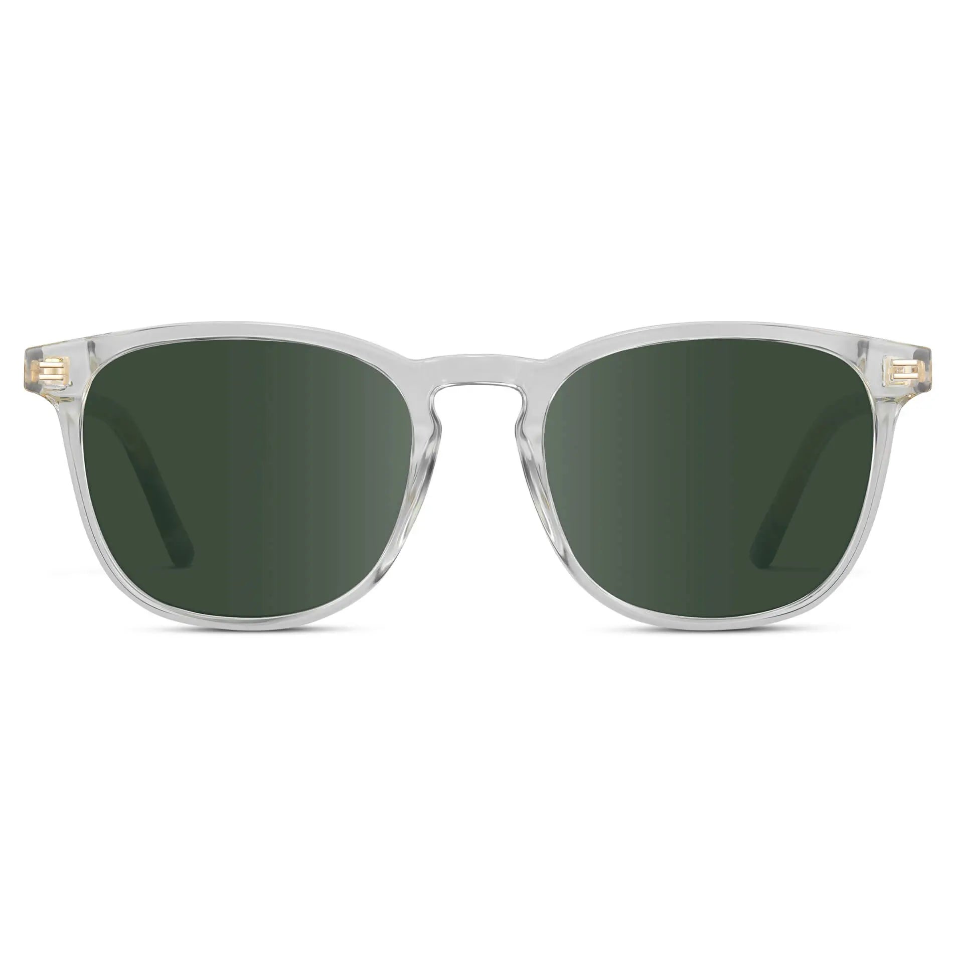 Clear / G15 || Clear Square Frame Prescription Sunglasses with Green Lenses on a white background