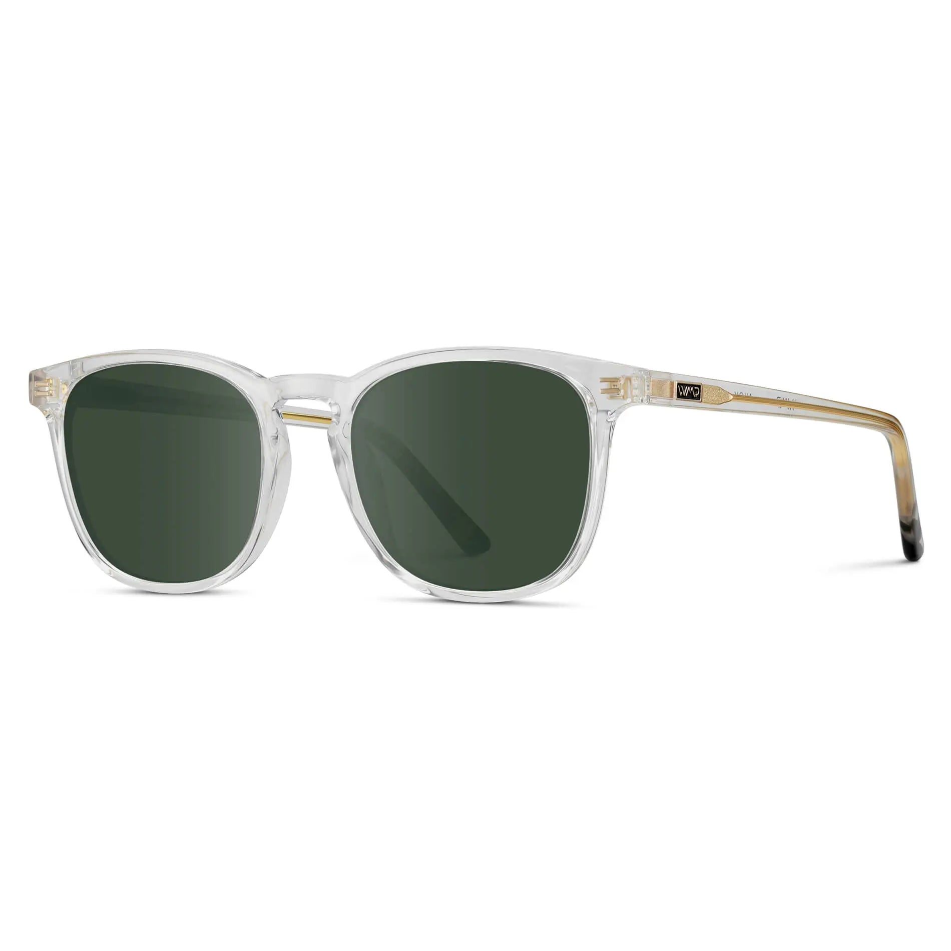 Clear / G15 || Side view of Clear Square Frame Prescription Sunglasses with Green Lenses on a white background