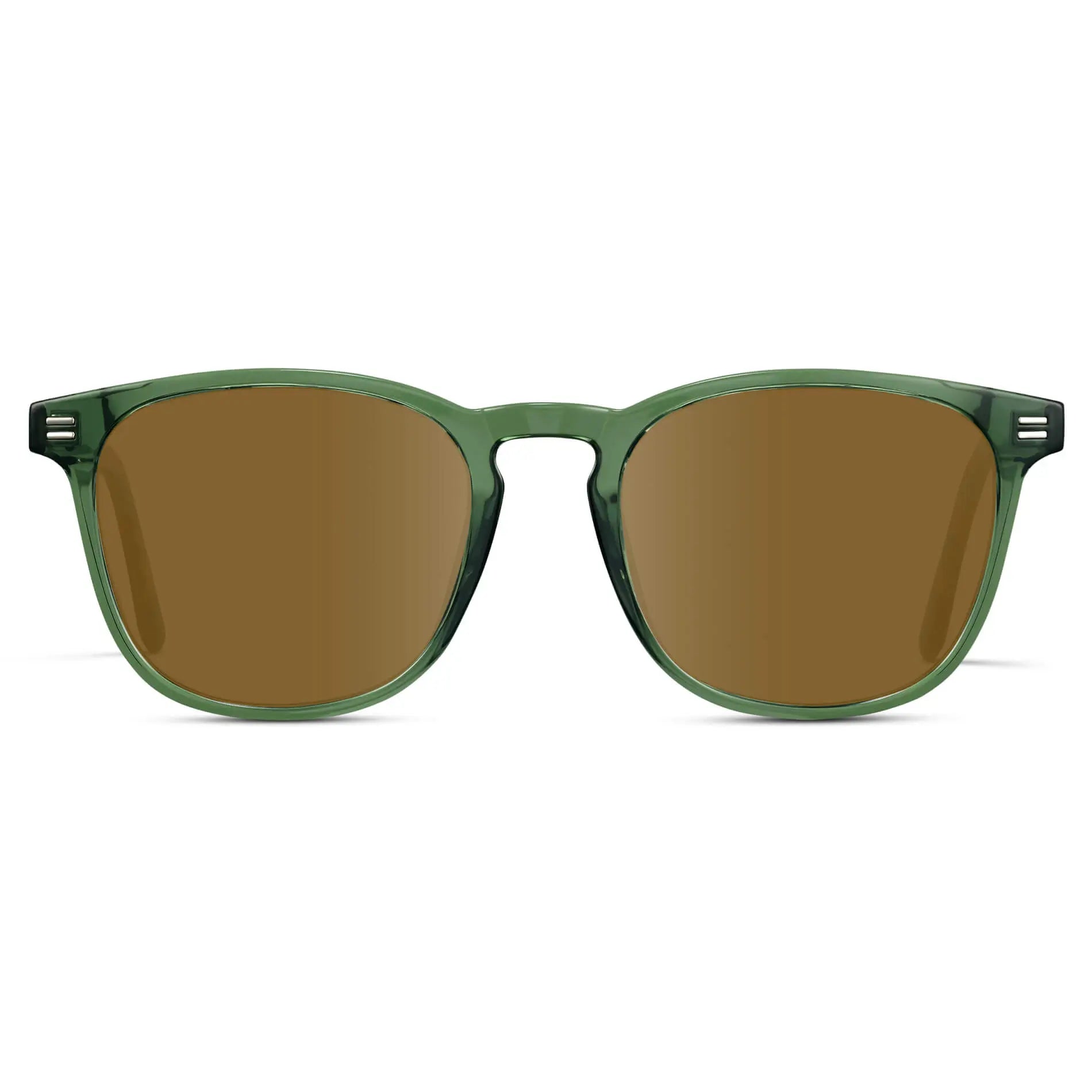 Emerald Green / Amber || Green Square Frame Prescription Sunglasses with Brown Lenses on a white background 