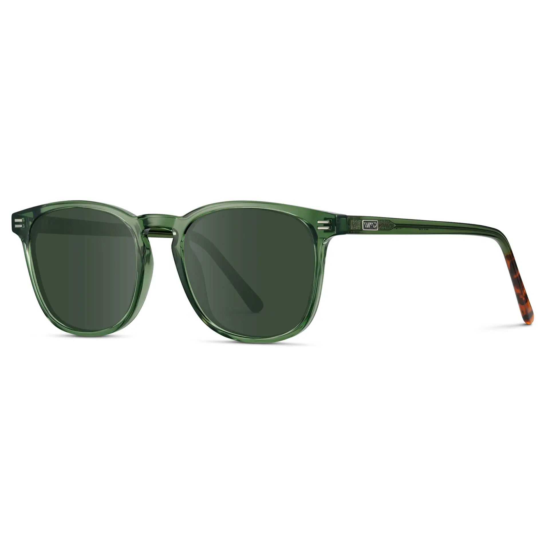 Emerald Green / G15 || Side view of Green Square Frame Prescription Sunglasses with Green Lenses on a white background