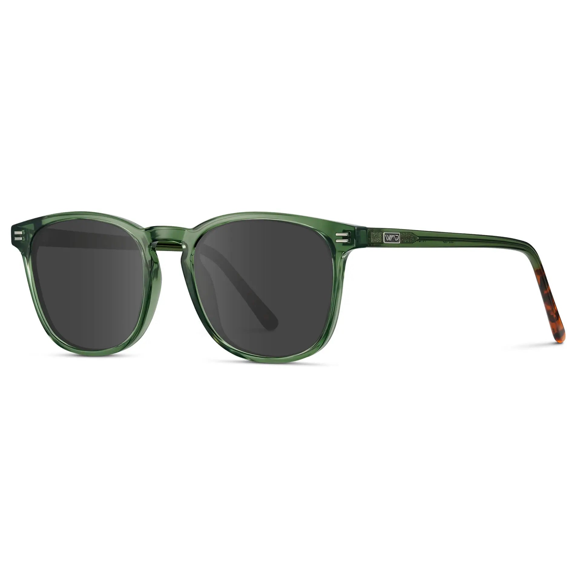 Emerald Green / Grey || Side view of Green Square Frame Prescription Sunglasses with Grey Lenses on a white background