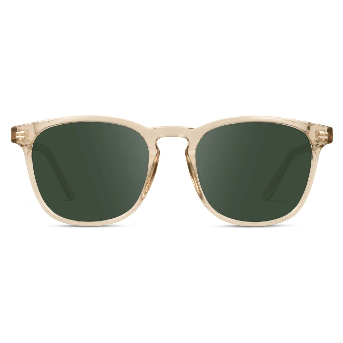 Crystal Sand Brown / G15 || Light Brown Square Frame Prescription Sunglasses with Green Lenses on a white background