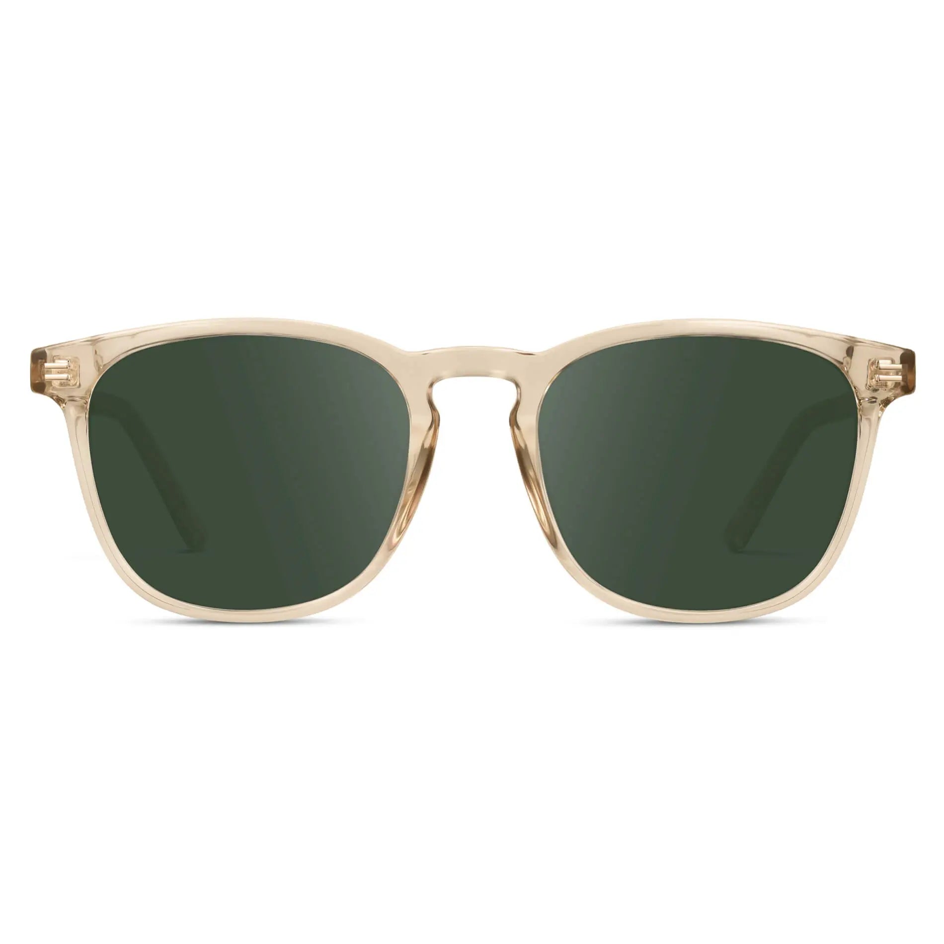 Crystal Sand Brown / G15 || Light Brown Square Frame Prescription Sunglasses with Green Lenses on a white background