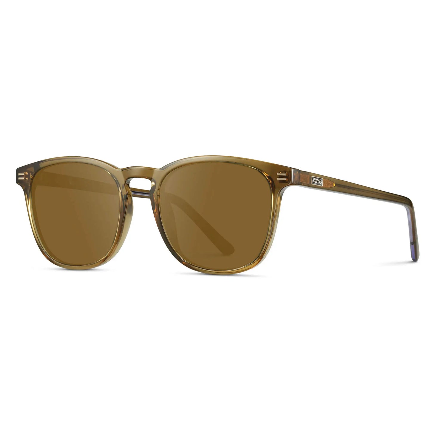 Crystal Verde / Amber || Side view of Verde Square Frame Prescription Sunglasses with Brown Lenses on a white background