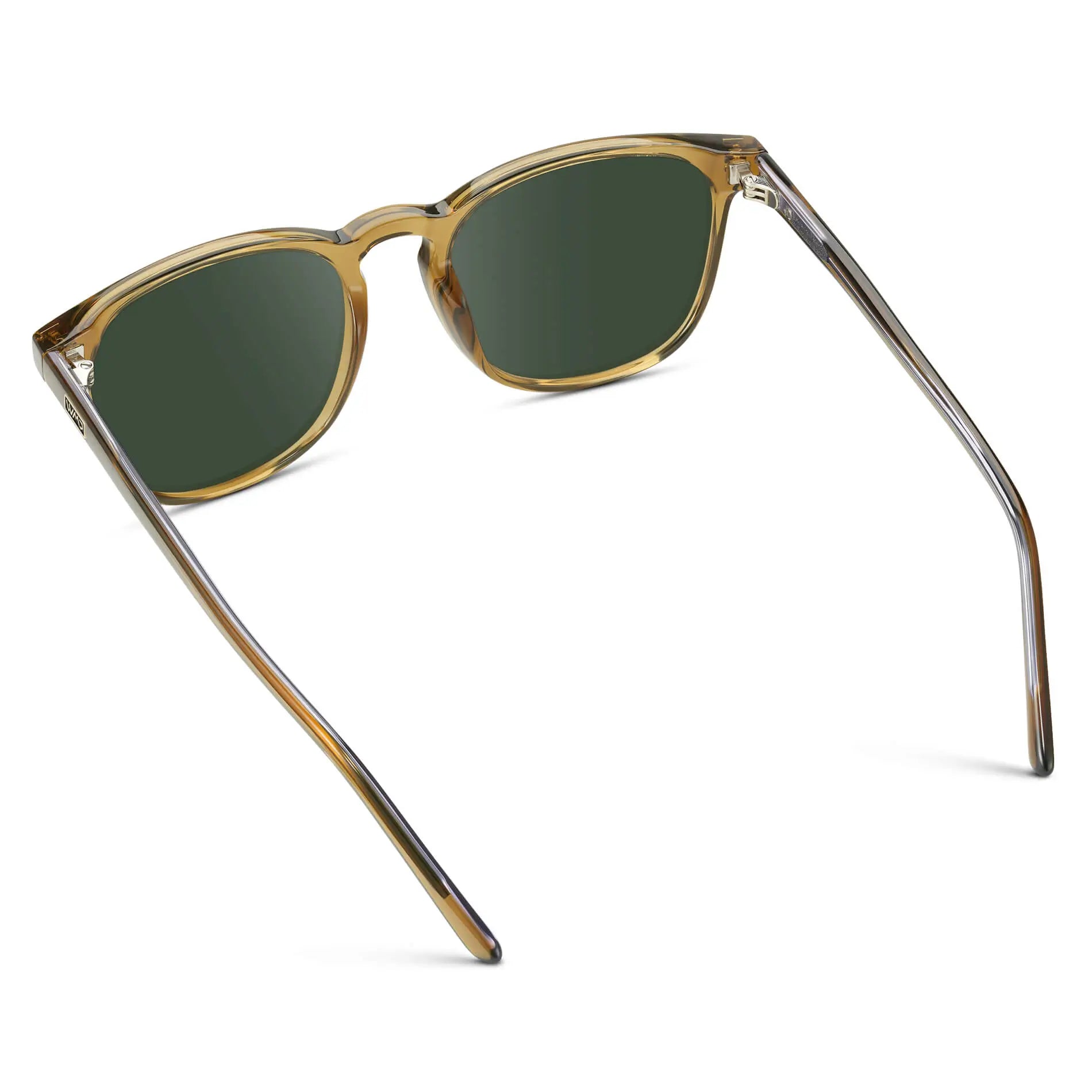 Crystal Verde / G15 || Back view of Verde Square Frame Prescription Sunglasses with Green Lenses on a white background