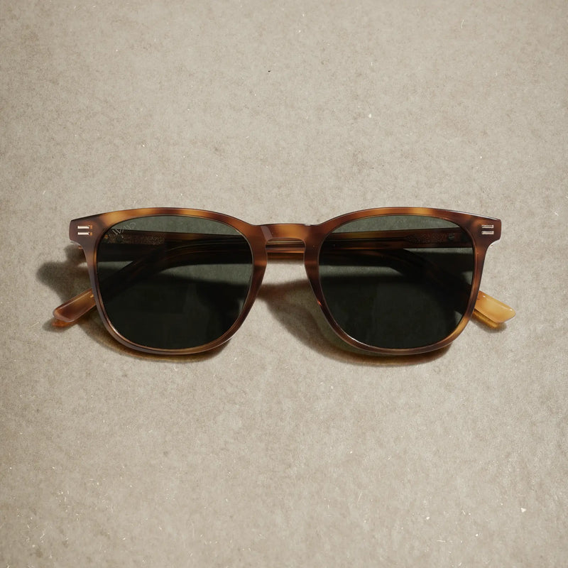 Nick sunglasses in Saddlewood Tortoise with dark green lenses, shown from the front on a neutral stone surface in warm sunlight.