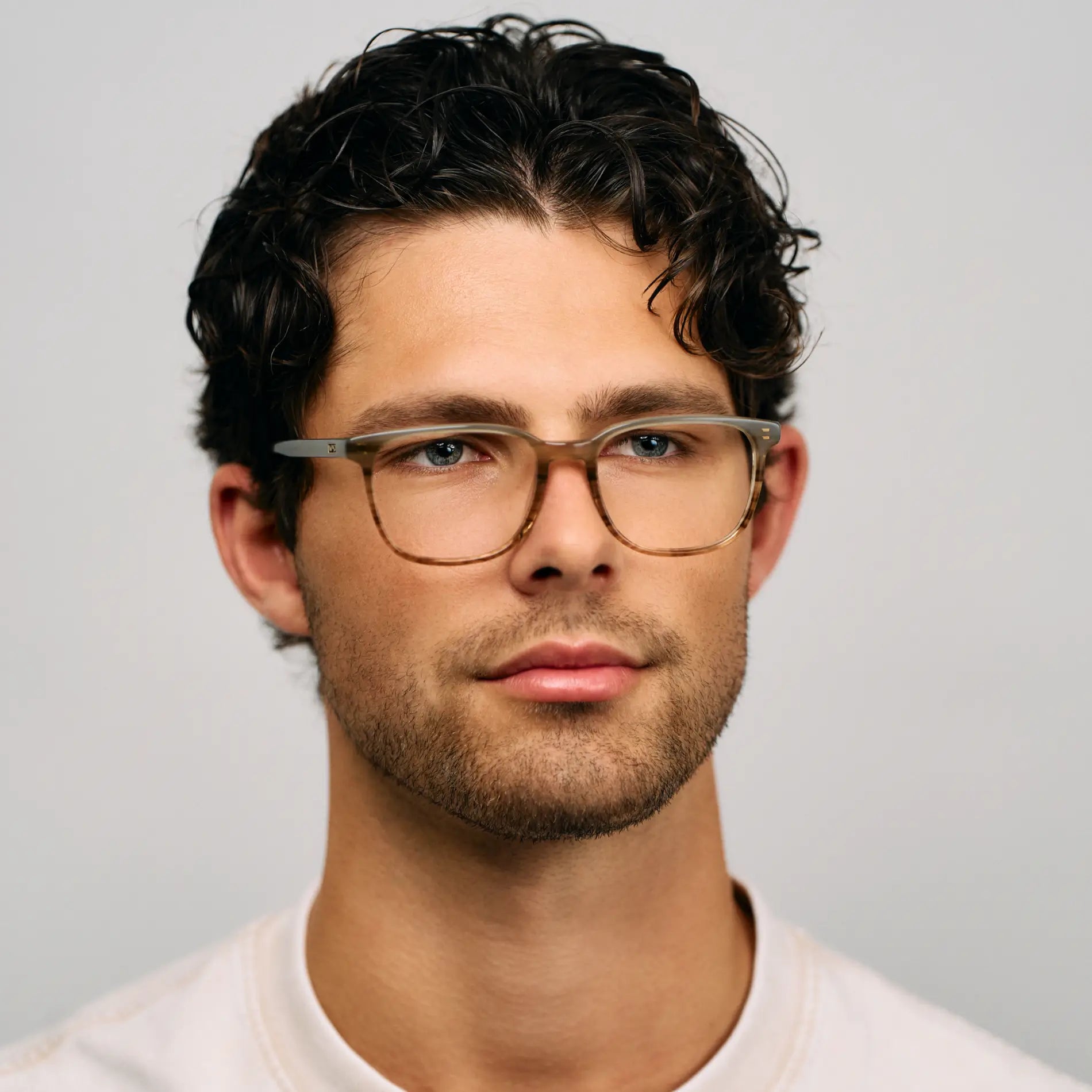 Grey Agate || Male Model wearing Unisex Oversized Rectangular Blue Light Blocking Glasses with Grey Agate Acetate Frame and Clear Lens