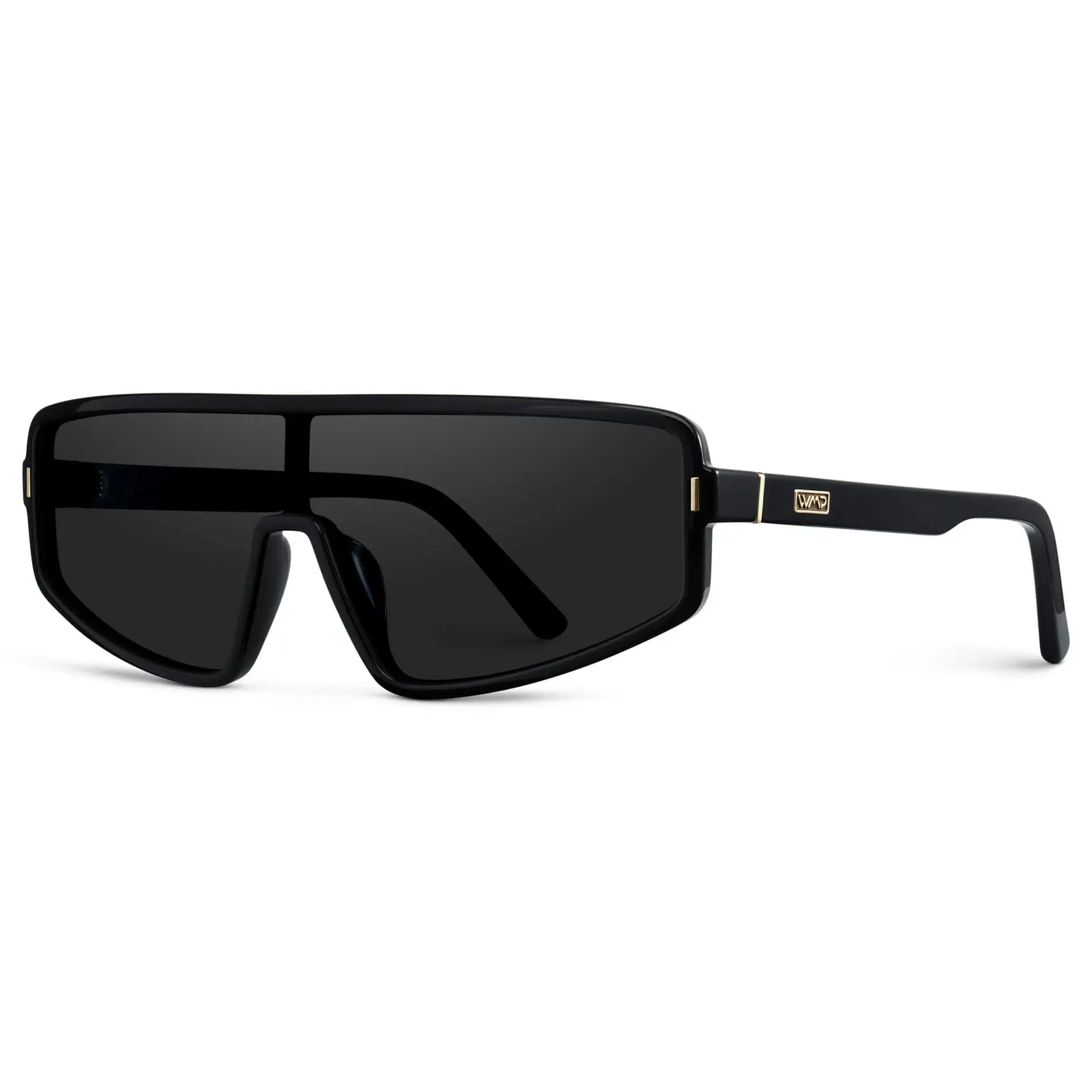 Black / Black Lens || Women's Flat-Top Aviator Shield Sunglasses with Black Acetate Frame and Black Polarized Anti-Reflective Lens