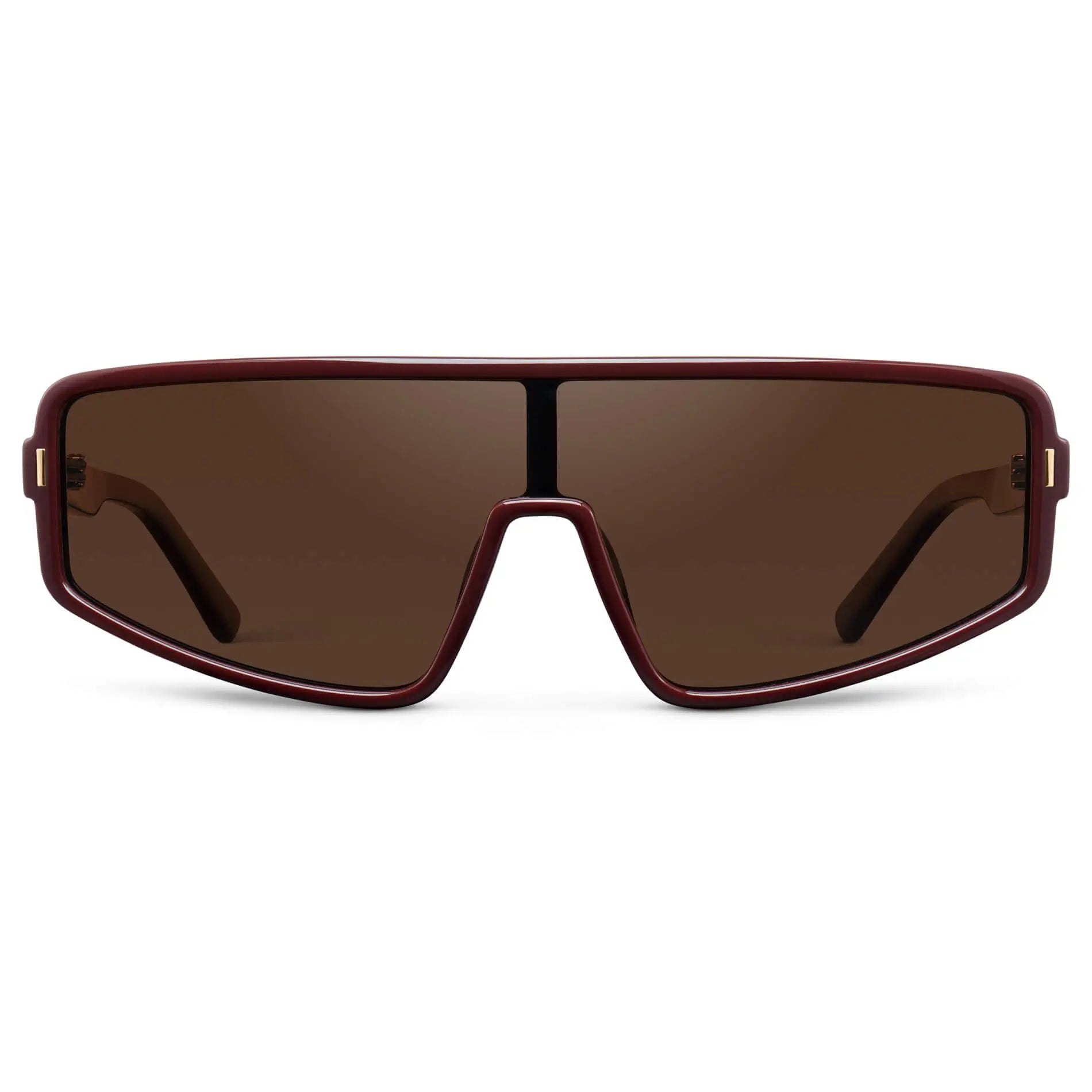 Black Cherry Red / Dark Brown Lens || Women's Flat-Top Aviator Shield Sunglasses with Black Cherry Red Acetate Frame and Dark Brown Polarized Anti-Reflective Lens