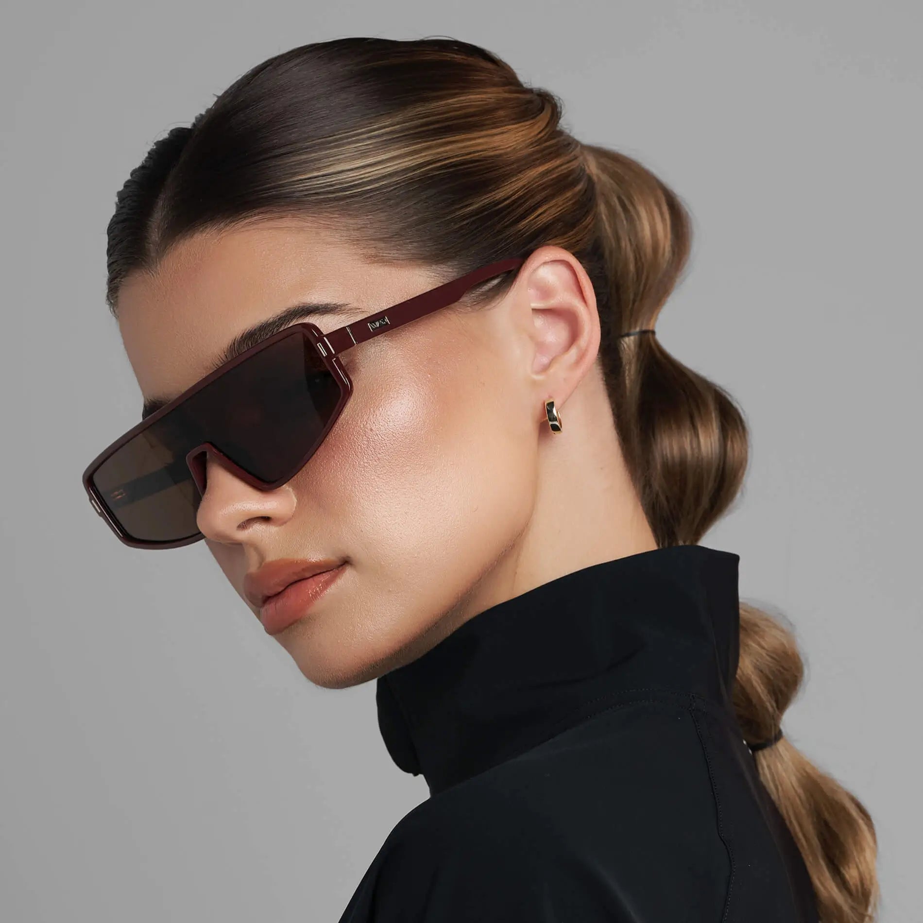 Black Cherry Red / Dark Brown Lens || Women's Flat-Top Aviator Shield Sunglasses with Black Cherry Red Acetate Frame and Dark Brown Polarized Anti-Reflective Lens