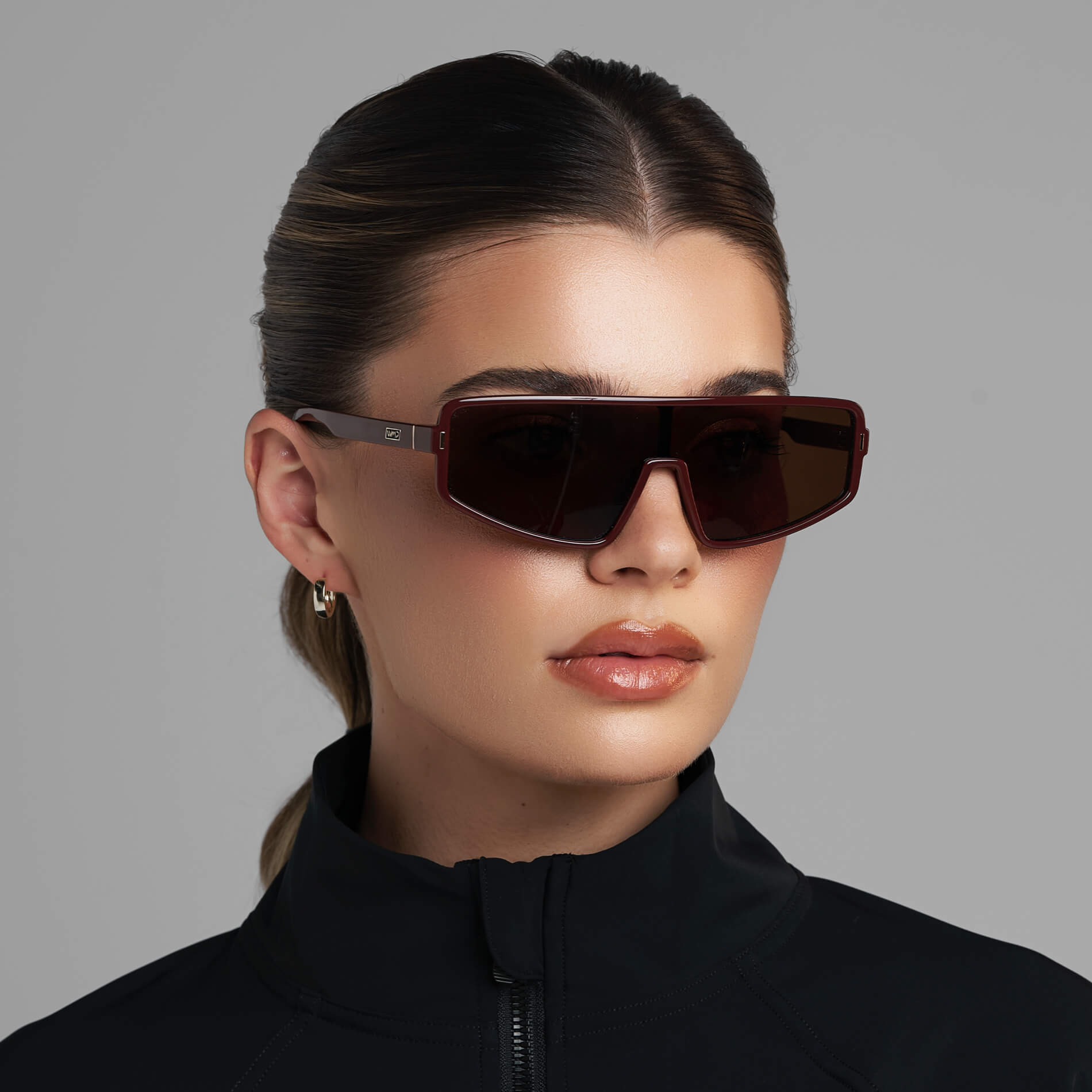 Black Cherry Red / Dark Brown Lens || Women's Flat-Top Aviator Shield Sunglasses with Black Cherry Red Acetate Frame and Dark Brown Polarized Anti-Reflective Lens