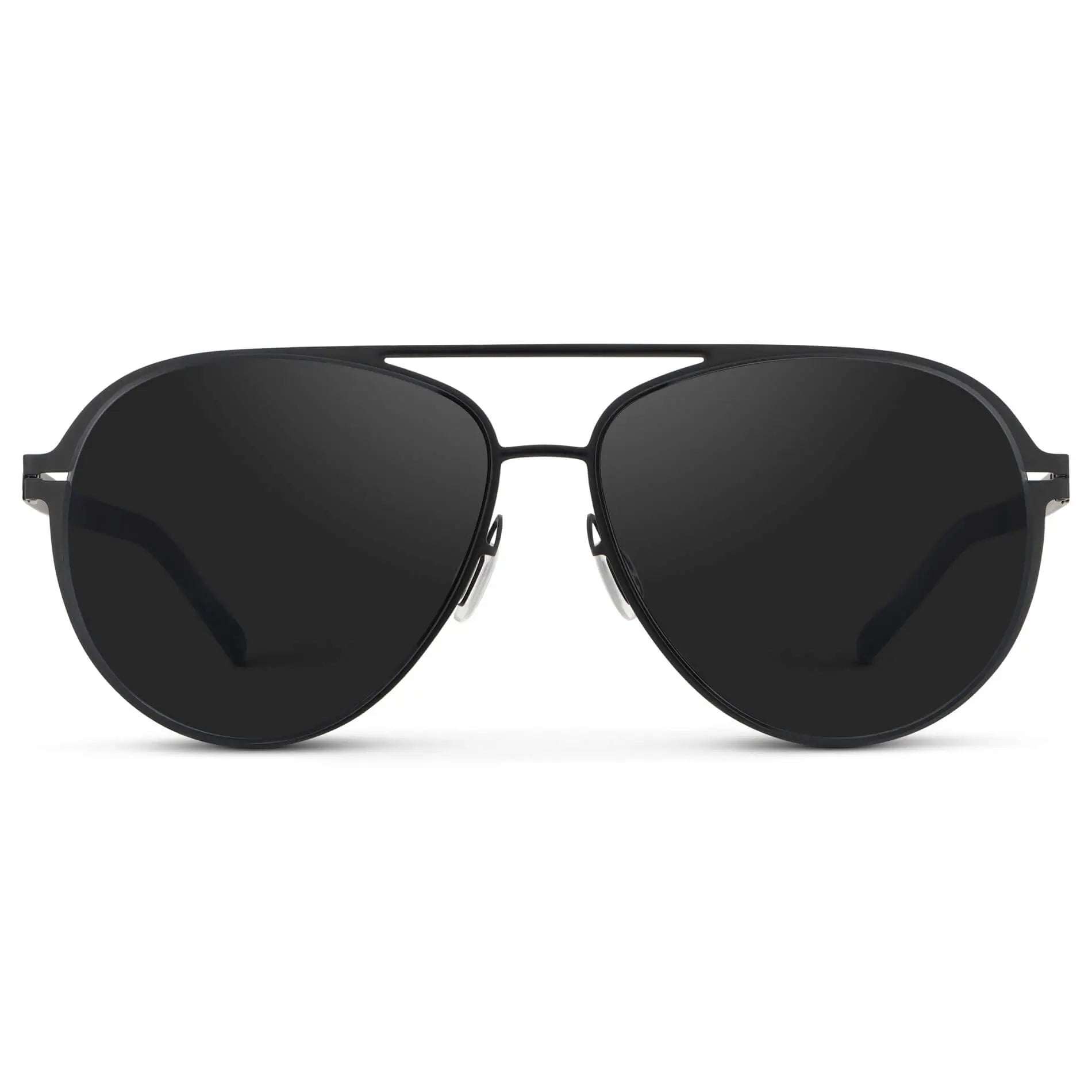 Matte Black / Black Lens || Unisex Polarized Aviator Sunglasses with Matte Black Beta Titanium Metal Frame, Screwless Hinges, and Ultra Polarized Black Nylon Lens