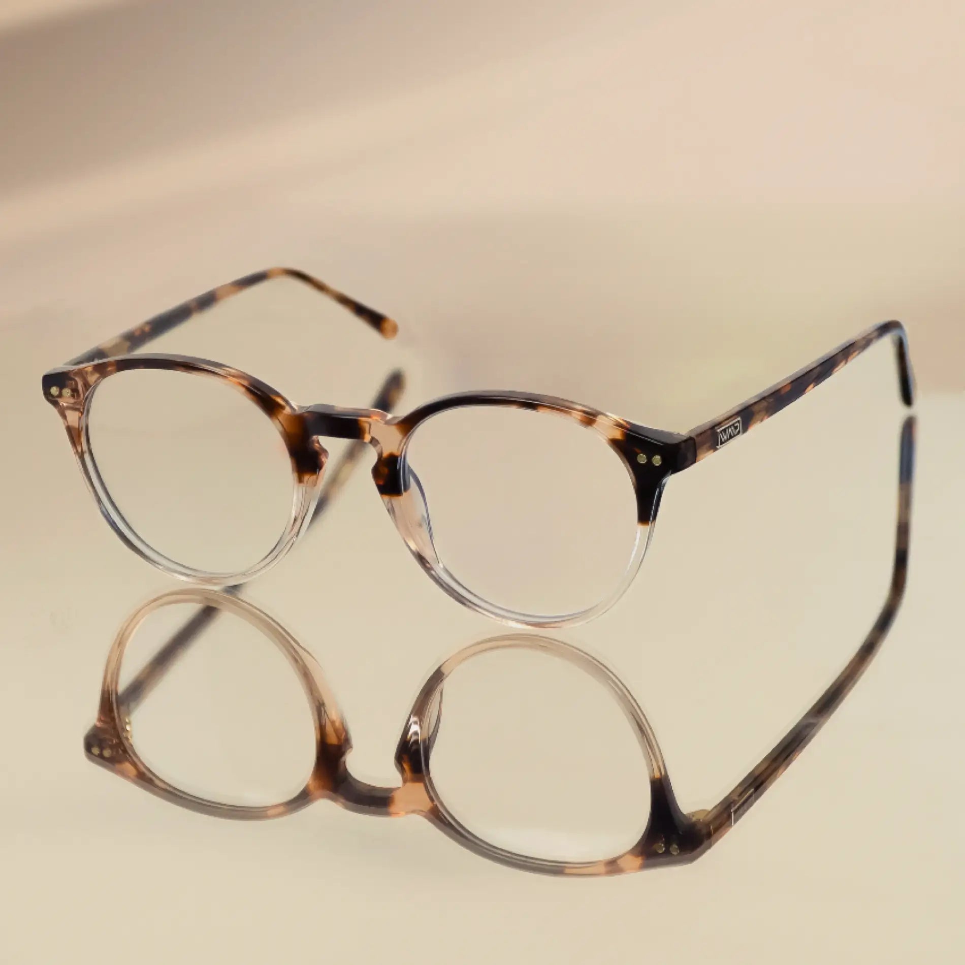 Crystal Brown Tortoise || Owen clear bottom round frames with tortoise pattern upper rim resting on neutral reflective surface