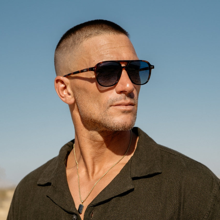 Whiskey Brown Tortoise / Blue Gradient Lens || Unisex Square Frame Sunglasses in Whiskey Brown Tortoise with Blue Gradient Polarized Lenses