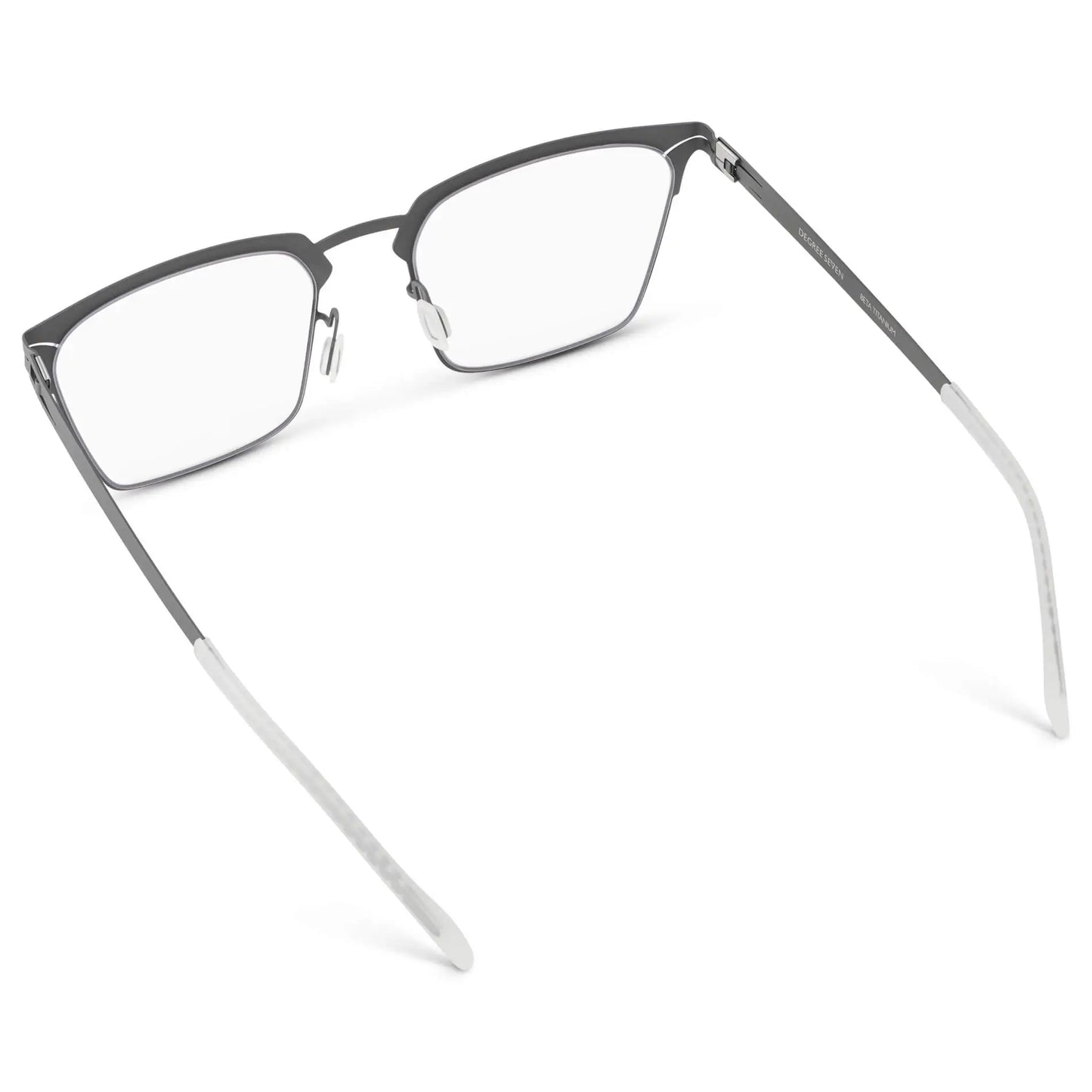 Matte Grey || Back view of Unisex Blue Light Glasses with Matte Grey Beta Titanium Metal Frame, Screwless Hinges, and Nylon Blue Light Blocking Clear Lens on a white background