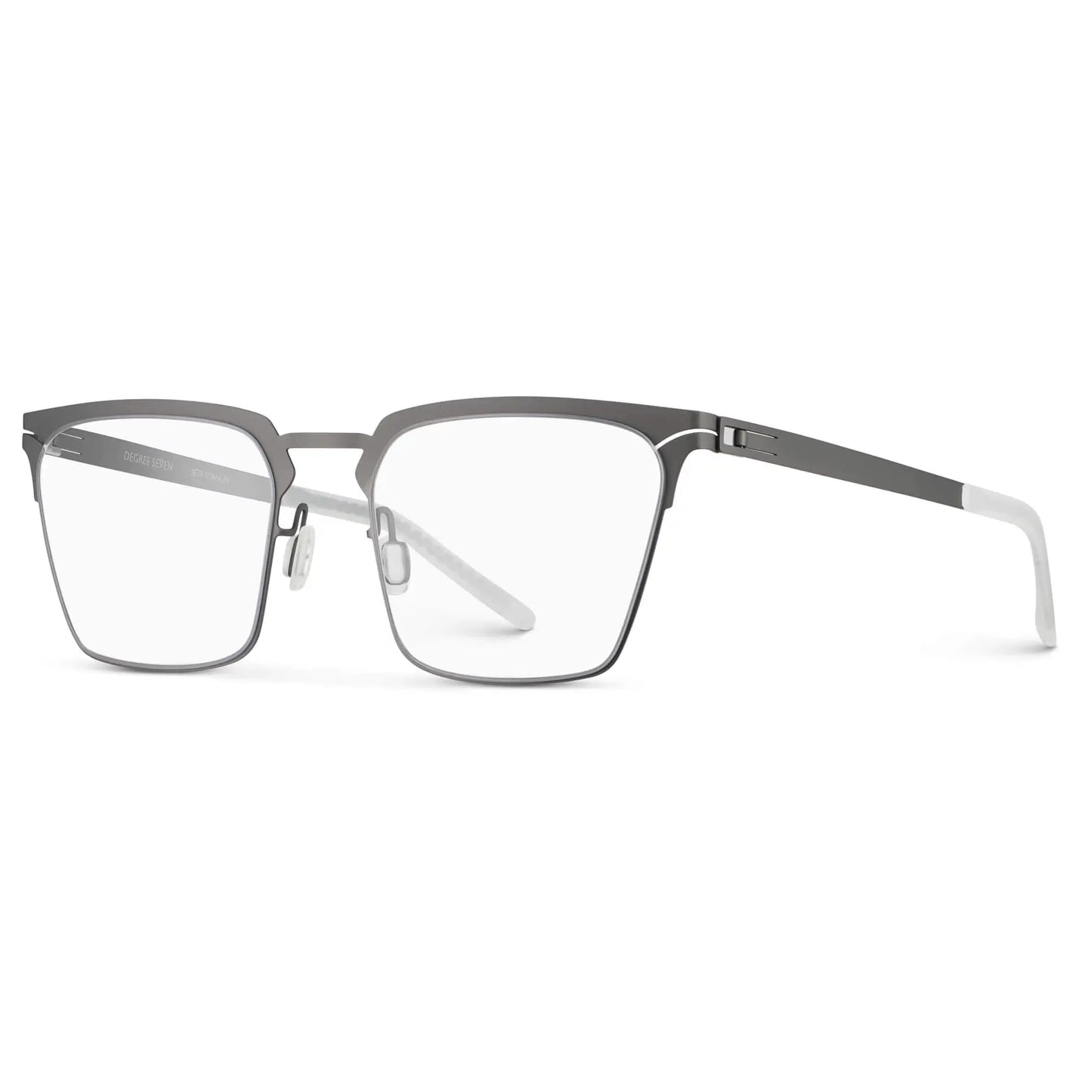 Matte Grey || Side view of Unisex Blue Light Glasses with Matte Grey Beta Titanium Metal Frame, Screwless Hinges, and Nylon Blue Light Blocking Clear Lens on a white background