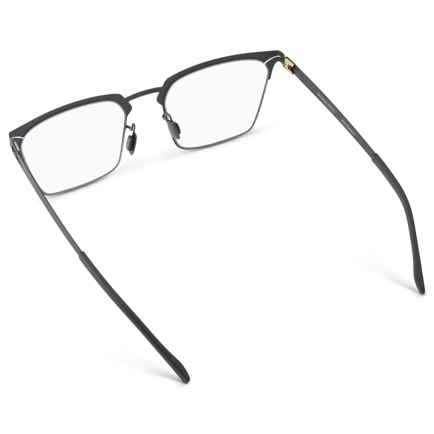 Matte Black || Back view of Unisex Blue Light Glasses with Matte Black Beta Titanium Metal Frame, Screwless Hinges, and Nylon Blue Light Blocking Clear Lens on a white background