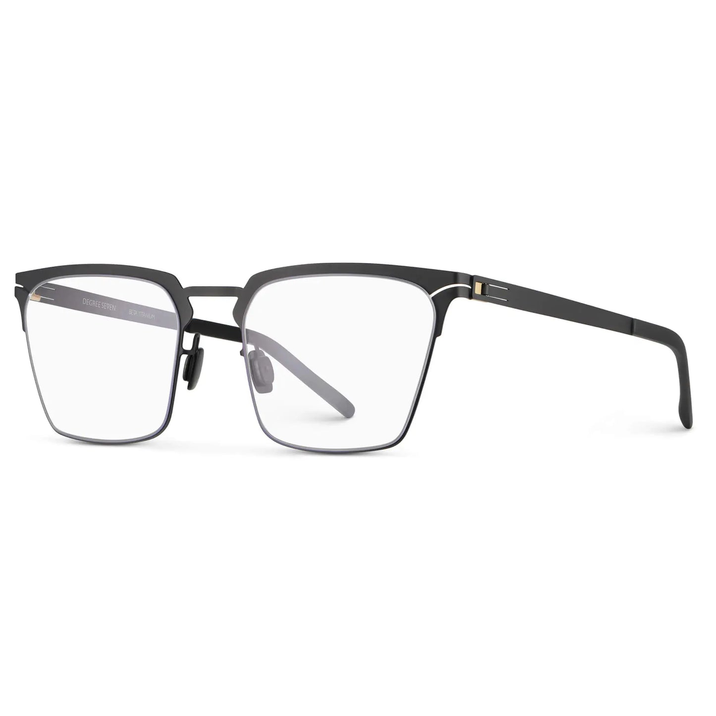 Matte Black || Side view of Unisex Blue Light Glasses with Matte Black Beta Titanium Metal Frame, Screwless Hinges, and Nylon Blue Light Blocking Clear Lens on a white background