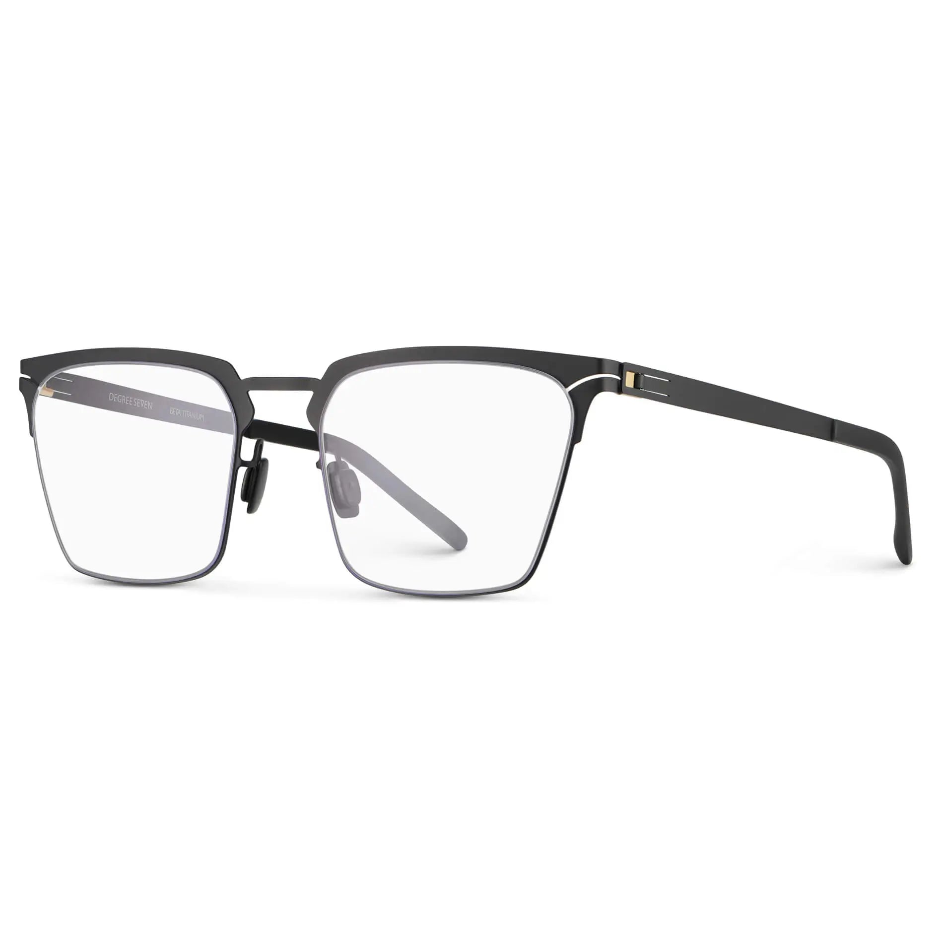 Matte Black || Side view of Unisex Blue Light Glasses with Matte Black Beta Titanium Metal Frame, Screwless Hinges, and Nylon Blue Light Blocking Clear Lens on a white background
