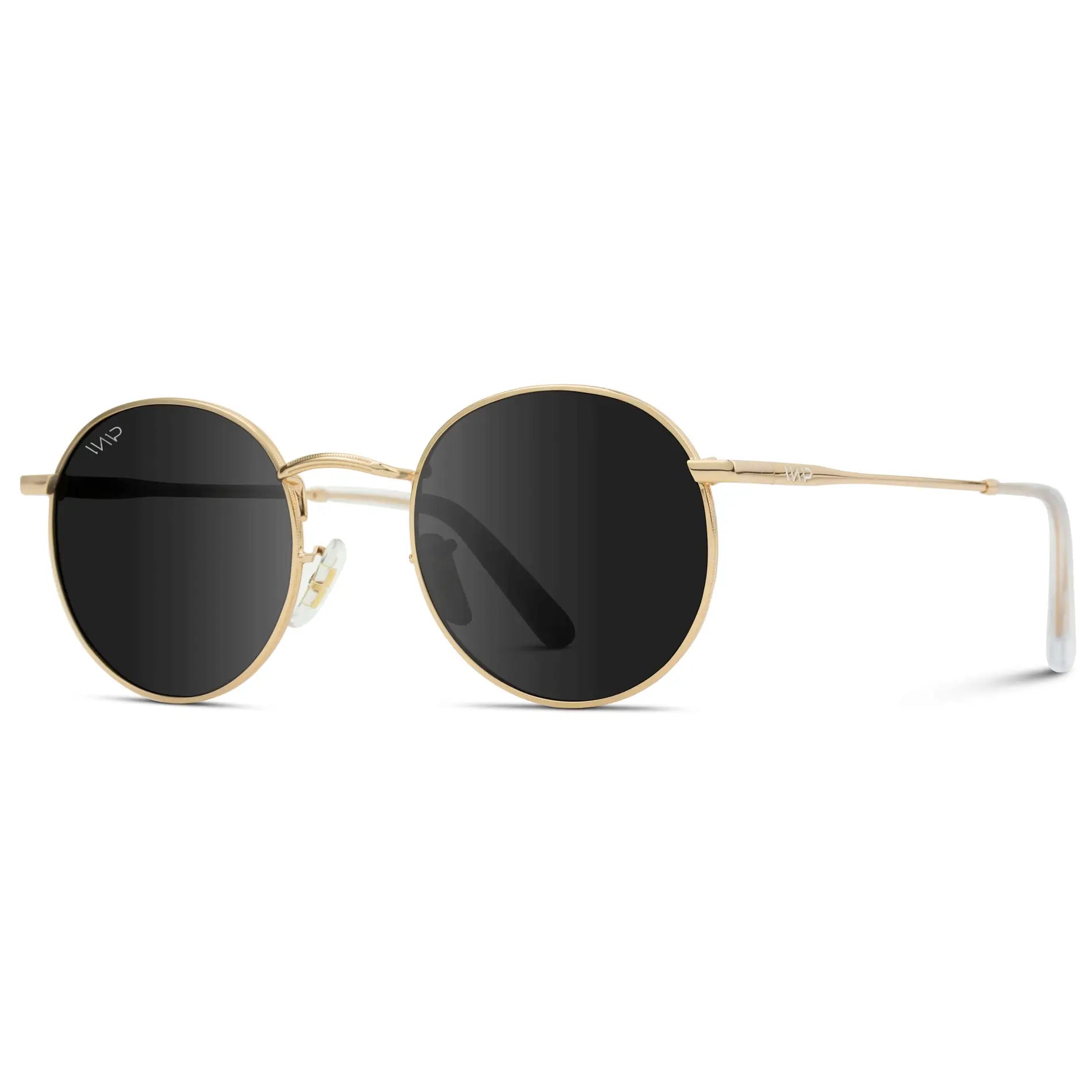 Brown Case || Round sunglasses with gold metal frame and black lenses on white background