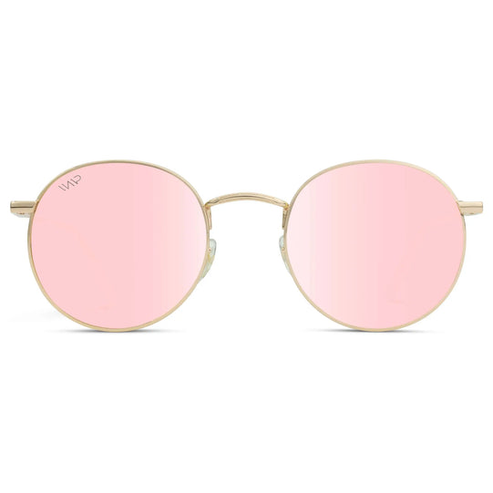 Gold / Pink Lens || Gold Round Metal Frame Sunglasses with Pink Polarized Lenses