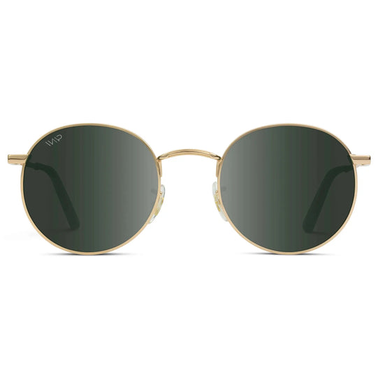 Gold / Smoke Green Lens || Gold Round Metal Frame Sunglasses with Green Polarized Lenses