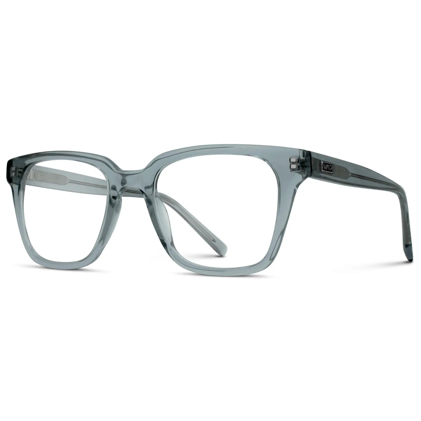 Denim Blue || Side view of Men's Rectangular Prescription Glasses with Denim Blue Frame and Clear Lenses on a white background