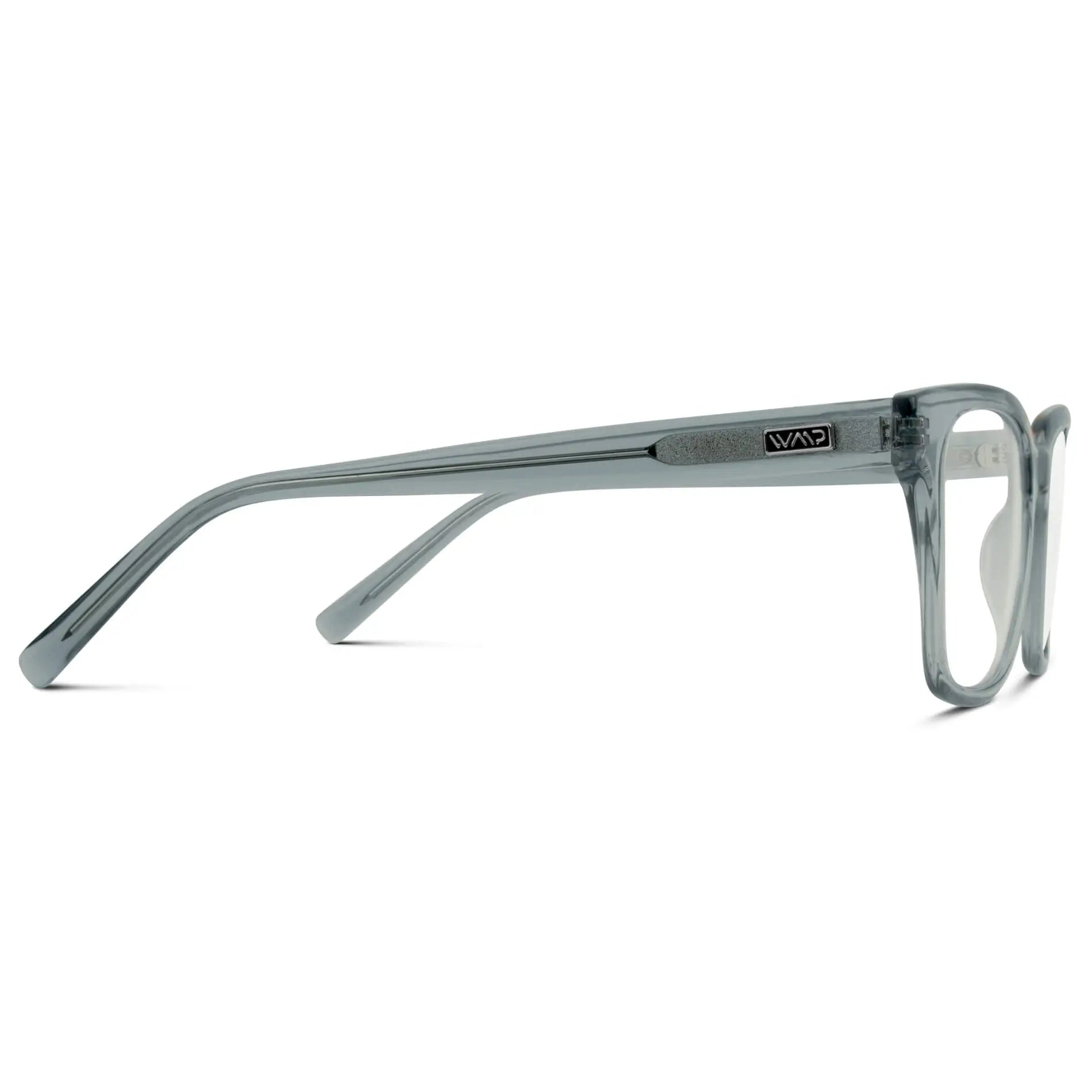 Denim Blue || Temple view of Blue Square Frame Blue Light Blocking Glasses for Computer Use on a white background