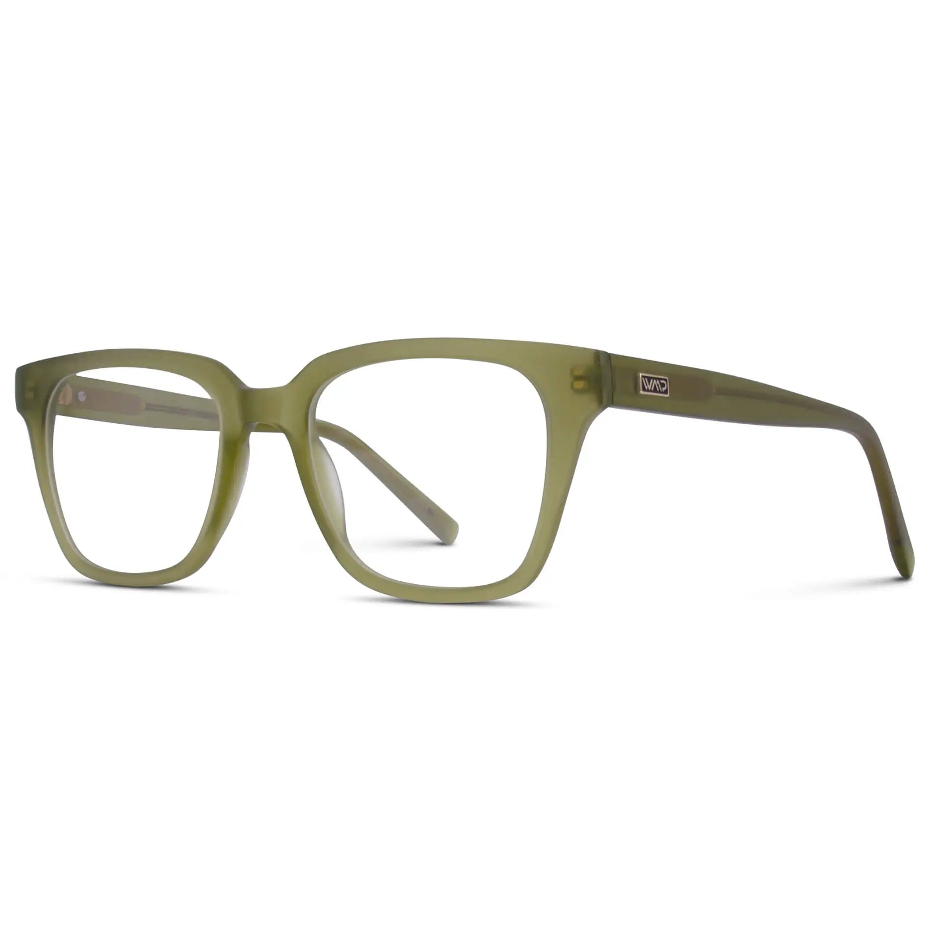 Frosted Khaki Green || Side view of Green Square Frame Blue Light Blocking Glasses for Computer Use on a white background