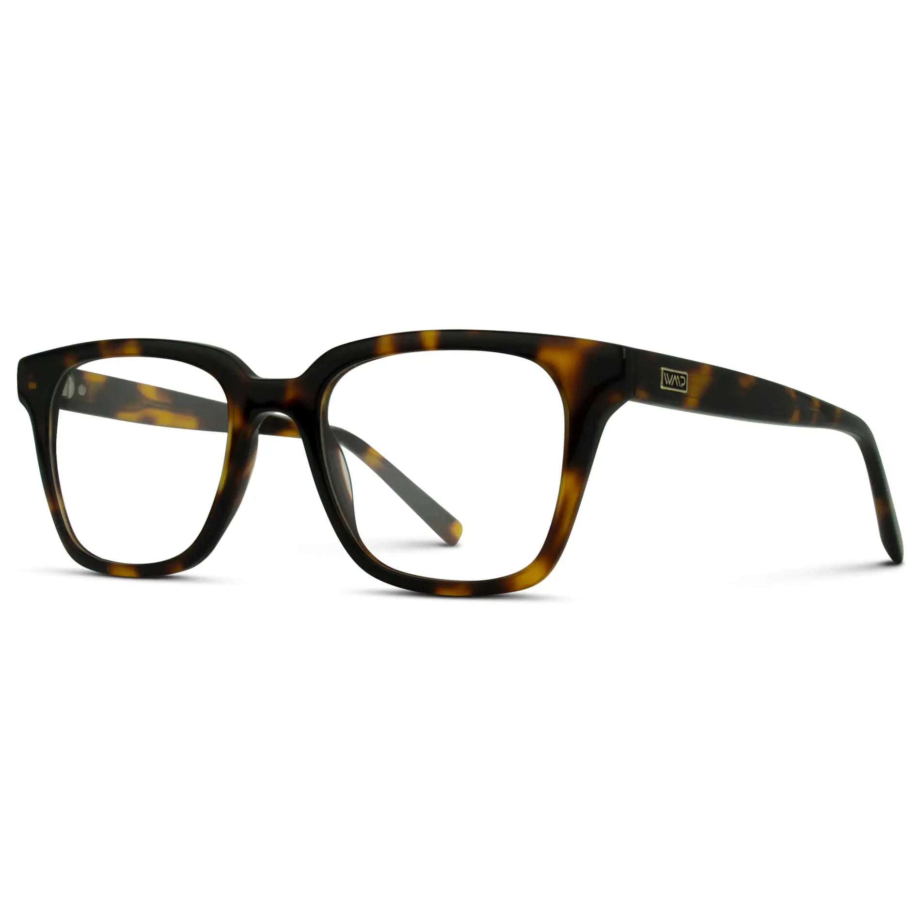Tortoise Brown || Side view of Men's Rectangular Prescription Glasses with Tortoise Brown Frame and Clear Lenses on a white background