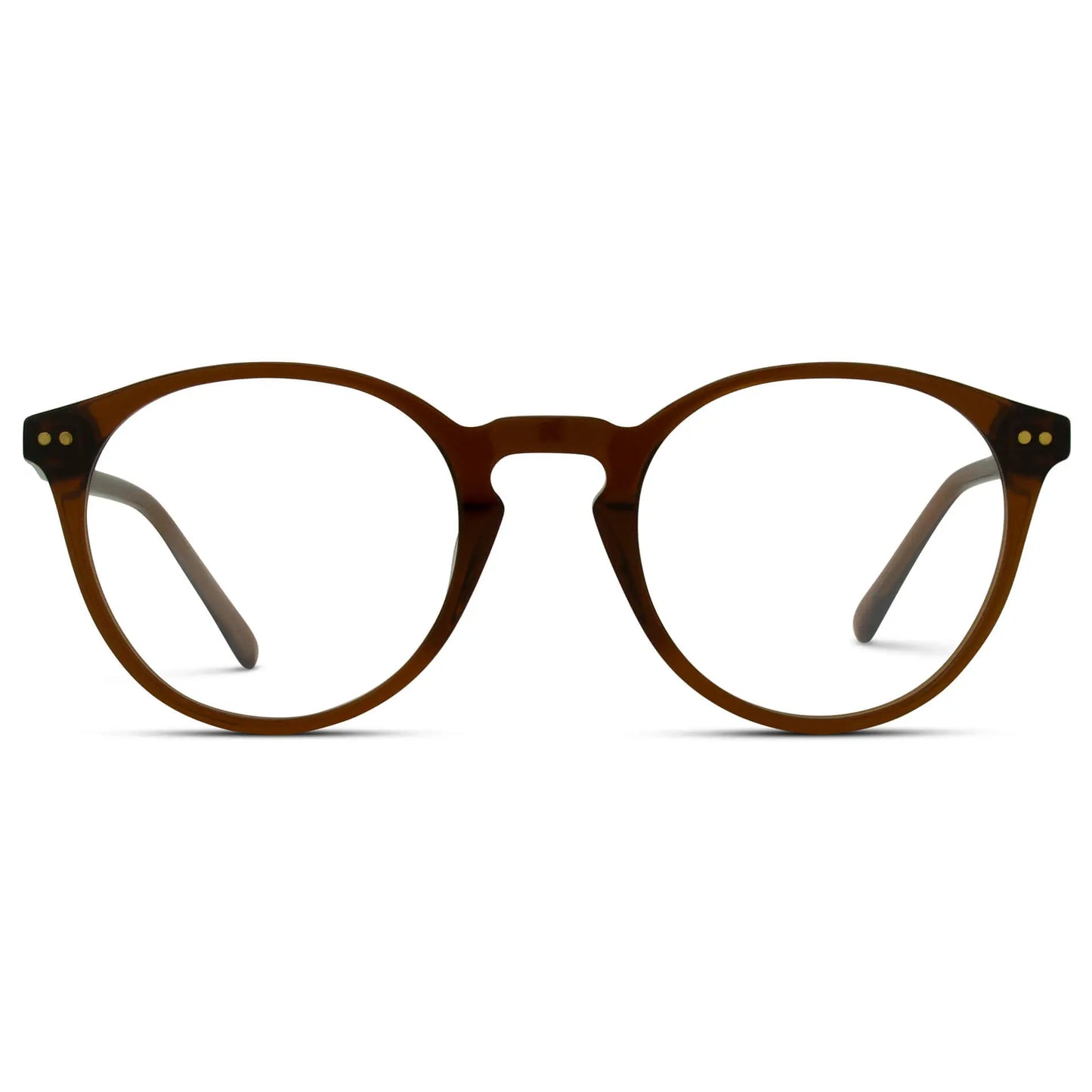 Crystal Chestnut Brown || Brown Round Frame Blue Light Blocking Glasses for Computer Use on a white background 