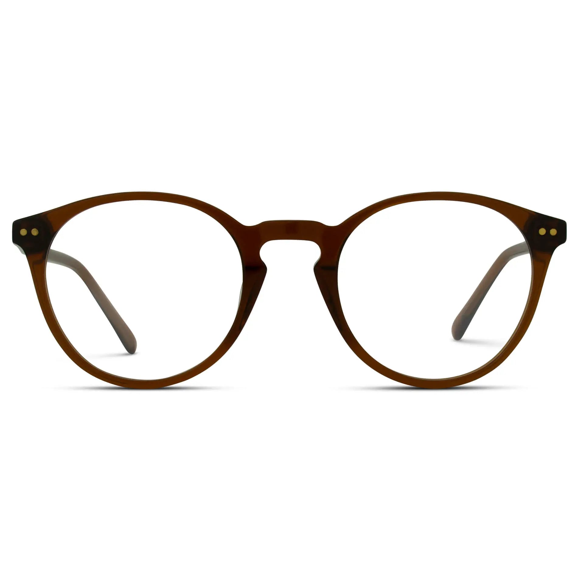 Crystal Chestnut Brown || Brown Round Frame Blue Light Blocking Glasses for Computer Use on a white background 