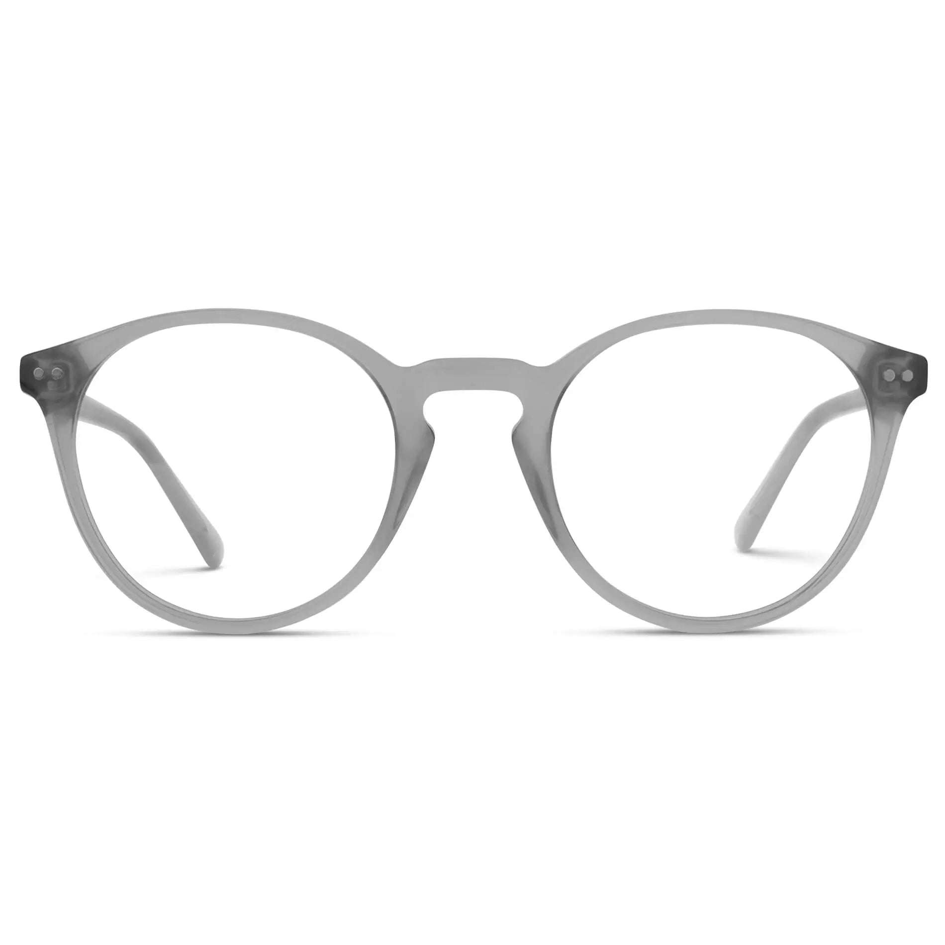 Cloudy Grey || Grey Round Frame Blue Light Blocking Glasses for Computer Use on a white background 