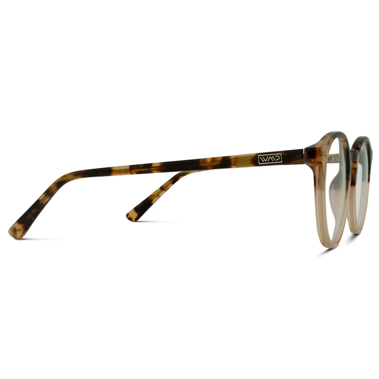 Crystal Brown Tortoise || Temple view of Brown Round Frame Blue Light Blocking Glasses for Computer Use on a white background 