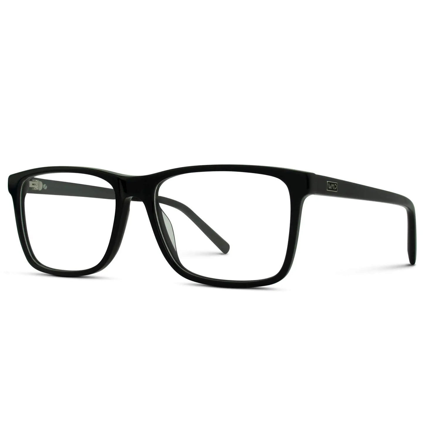 Glossy Black || Side view of Black Rectangle Frame Blue Light Blocking Glasses for Computer Use on a white background 