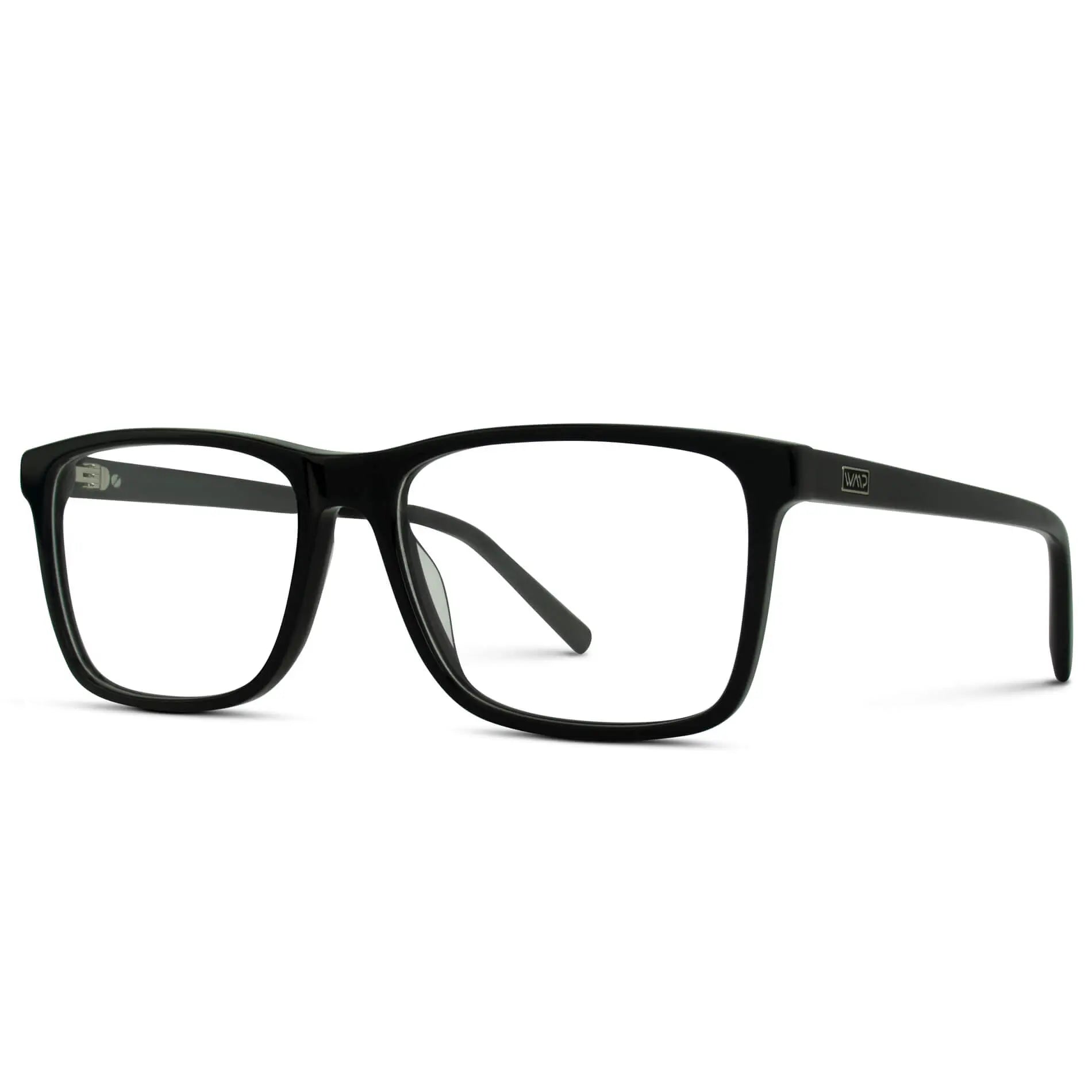 Glossy Black || Side view of Black Rectangle Frame Blue Light Blocking Glasses for Computer Use on a white background 