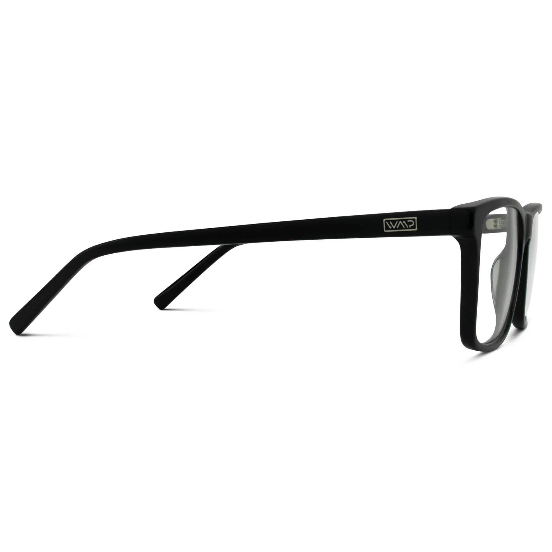 Glossy Black || Side view of Men's Rectangular Prescription Glasses with Glossy Black Frames with Clear Lenses on a white background