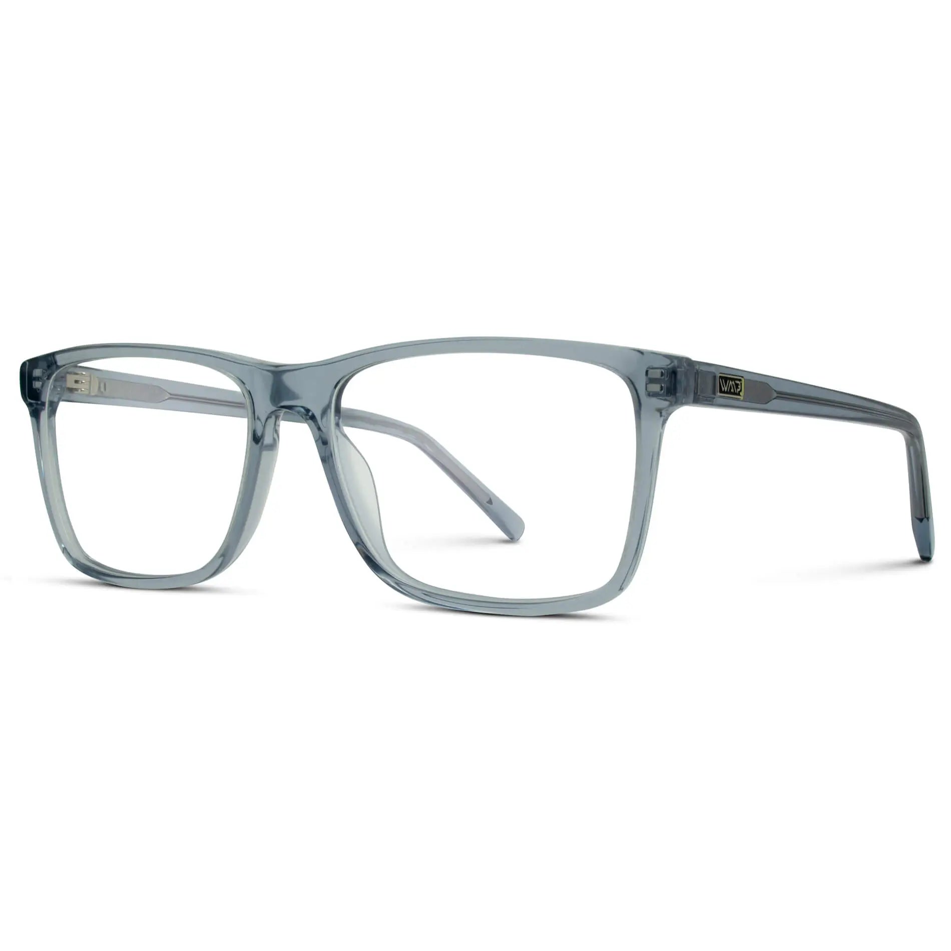 Denim Blue || Side view of Men's Rectangular Prescription Glasses with Denim Blue Frames with Clear Lenses on a white background