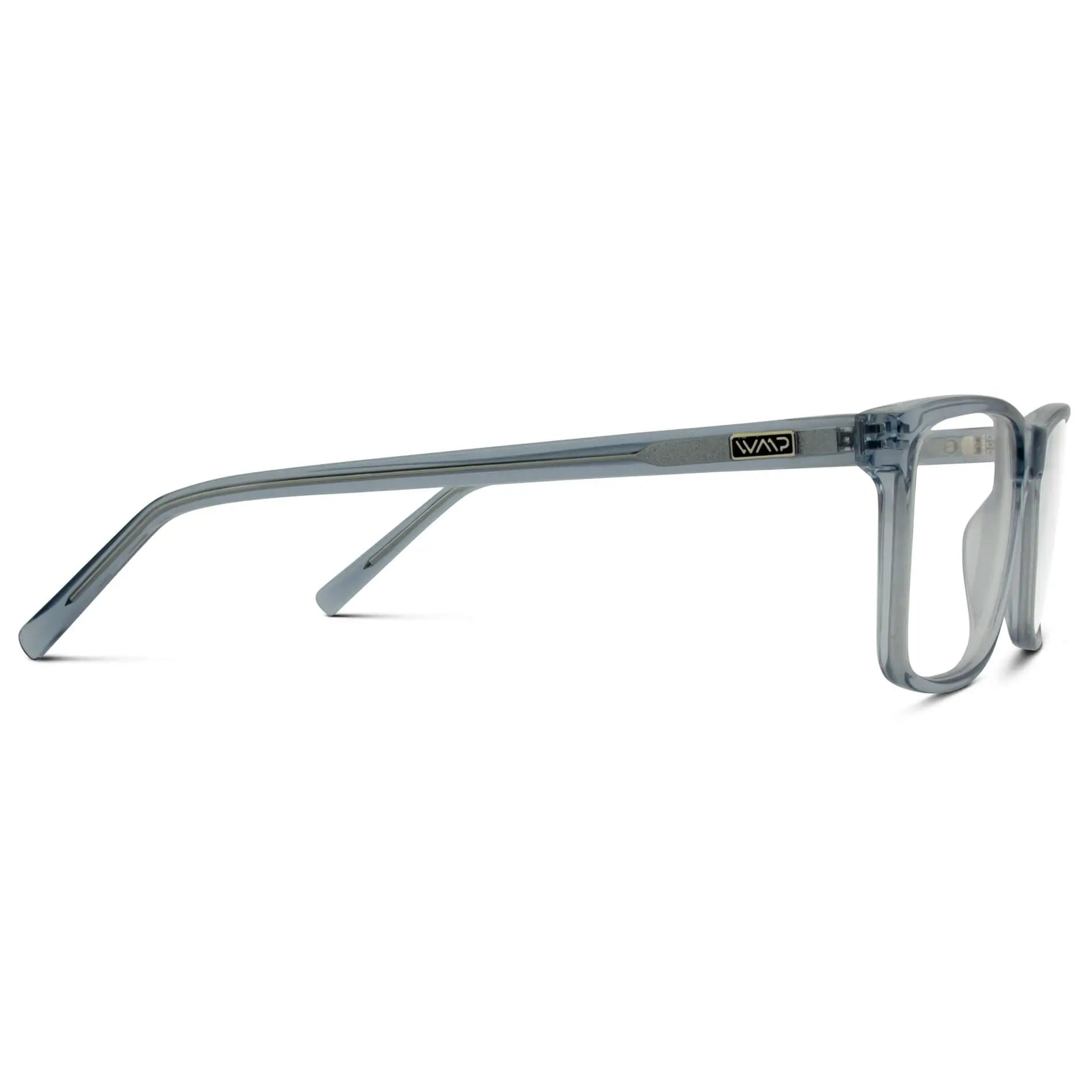 Denim Blue || Temple view of Men's Rectangular Prescription Glasses with Denim Blue Frames with Clear Lenses on a white background