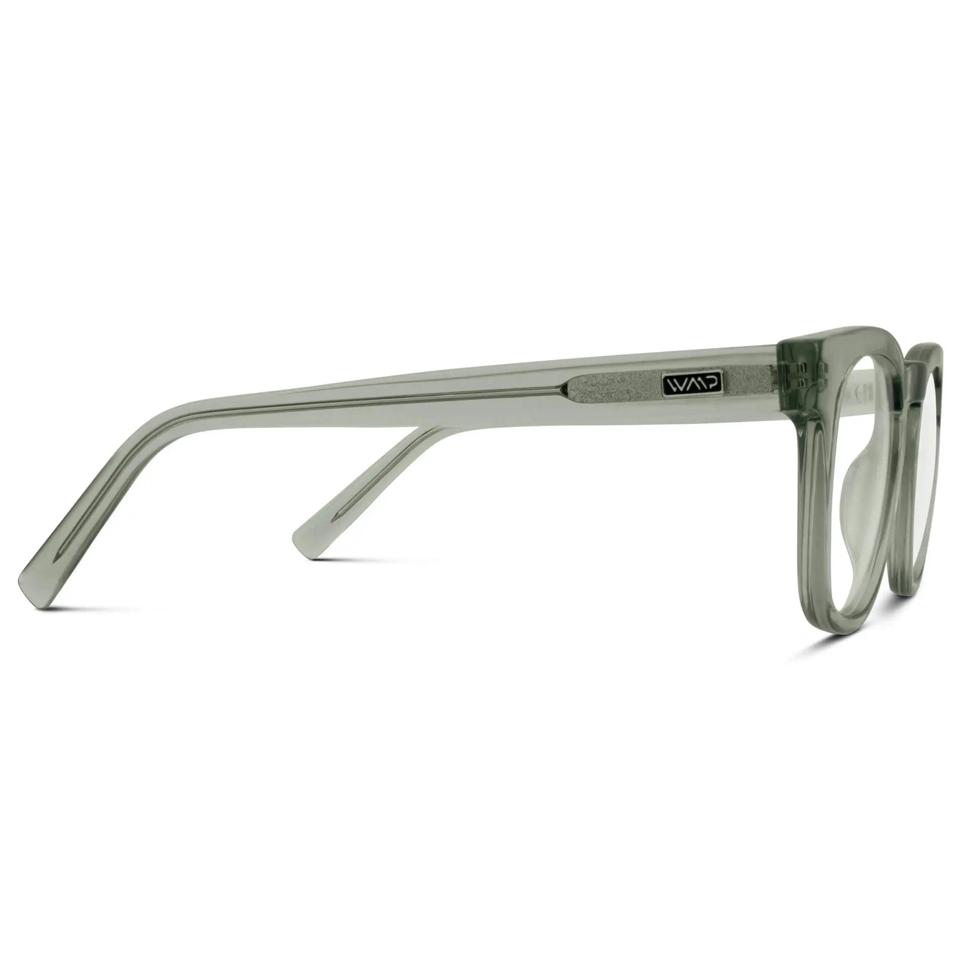 Sea Salt Grey || Temple view of Grey Square Frame Blue Light Blocking Glasses for Computer Use on a white background 