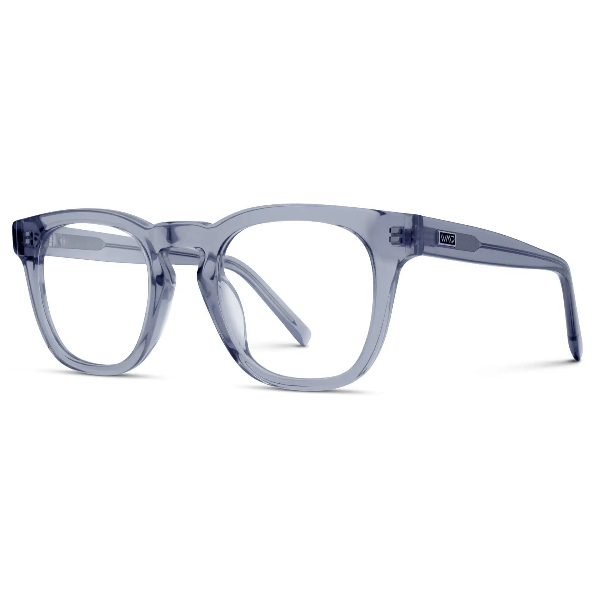 Crystal Lilac Grey || Side view of Blue Square Frame Blue Light Blocking Glasses for Computer Use on a white background 