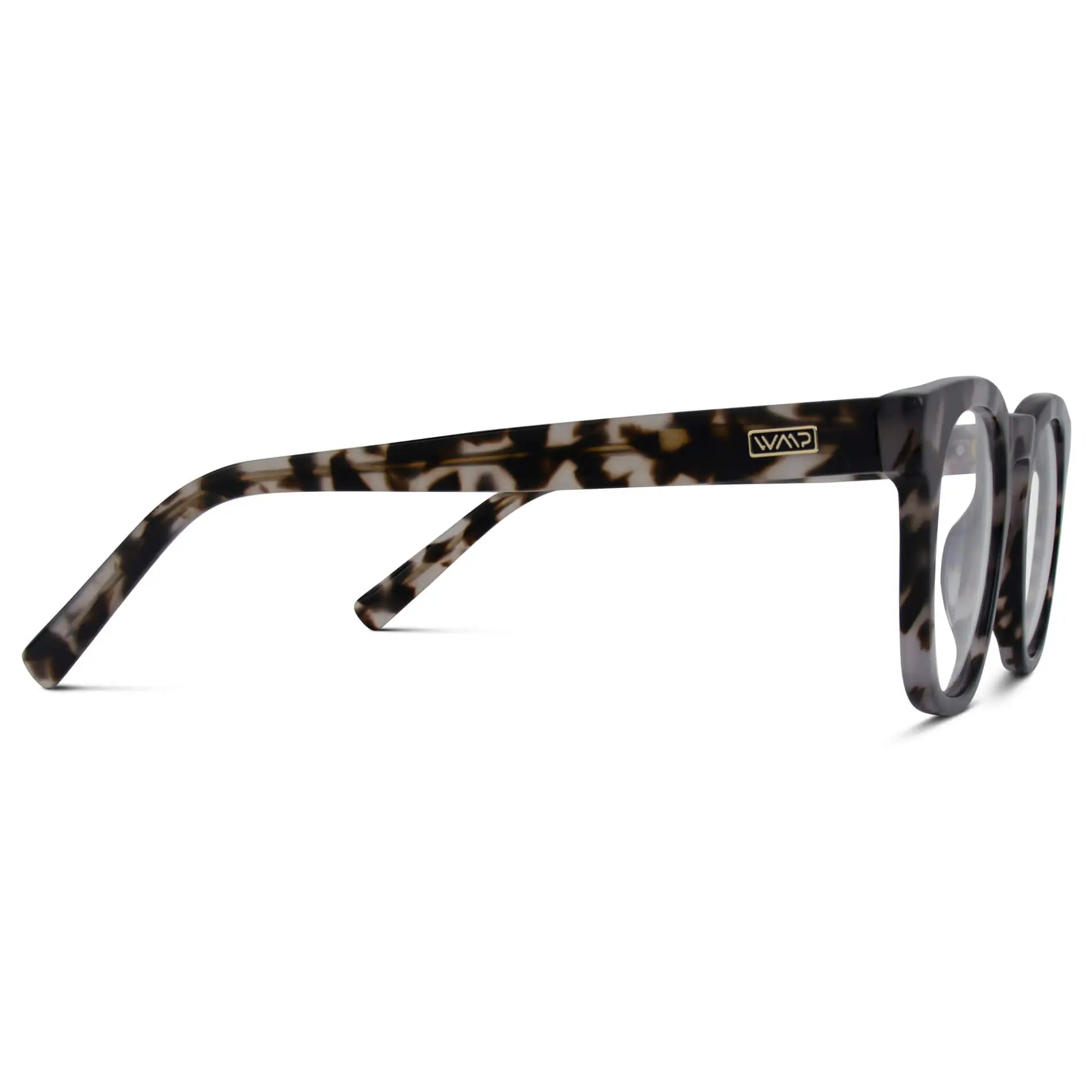 Stone Grey Tortoise || Temple view of Tortoise Square Frame Blue Light Blocking Glasses for Computer Use on a white background 