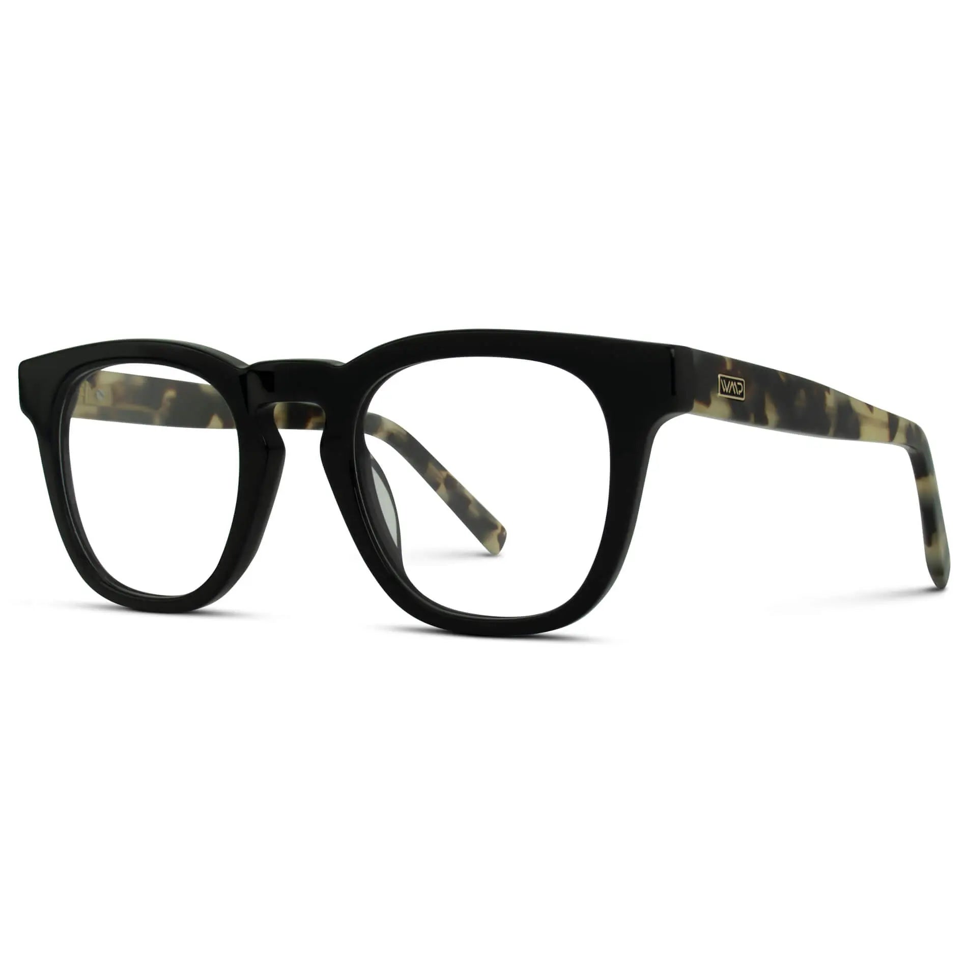 Black Beige Tortoise || Side view of Black Square Frame Blue Light Blocking Glasses for Computer Use on a white background 