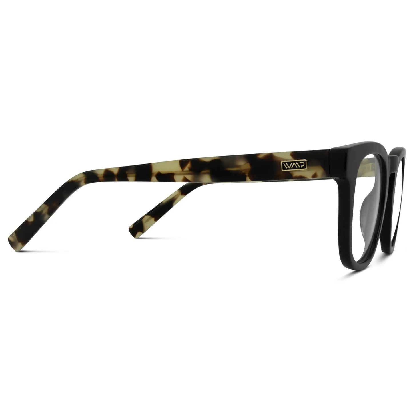 Black Beige Tortoise || Temple view of Black Square Frame Blue Light Blocking Glasses for Computer Use on a white background 