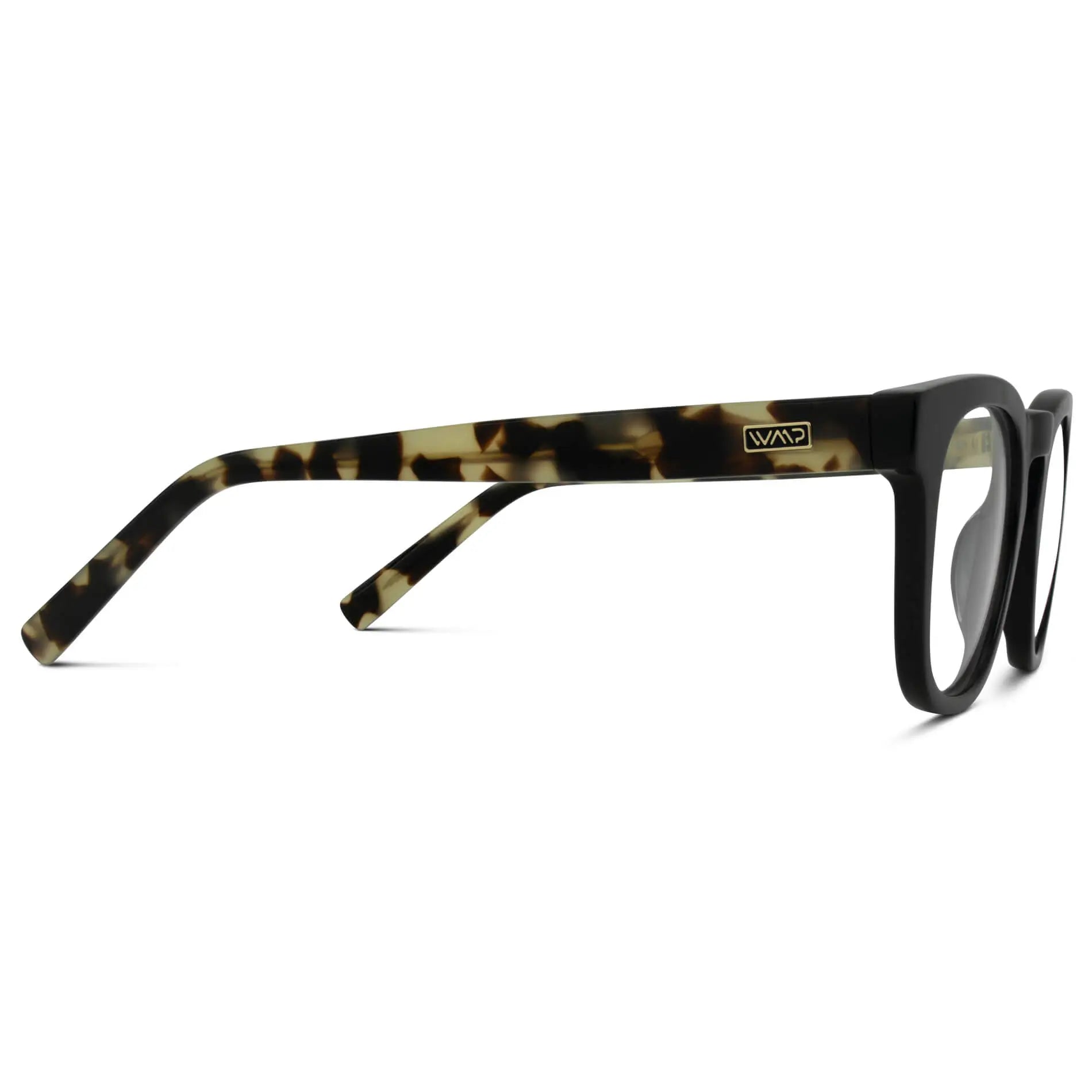 Black Beige Tortoise || Temple view of Black Square Frame Blue Light Blocking Glasses for Computer Use on a white background 