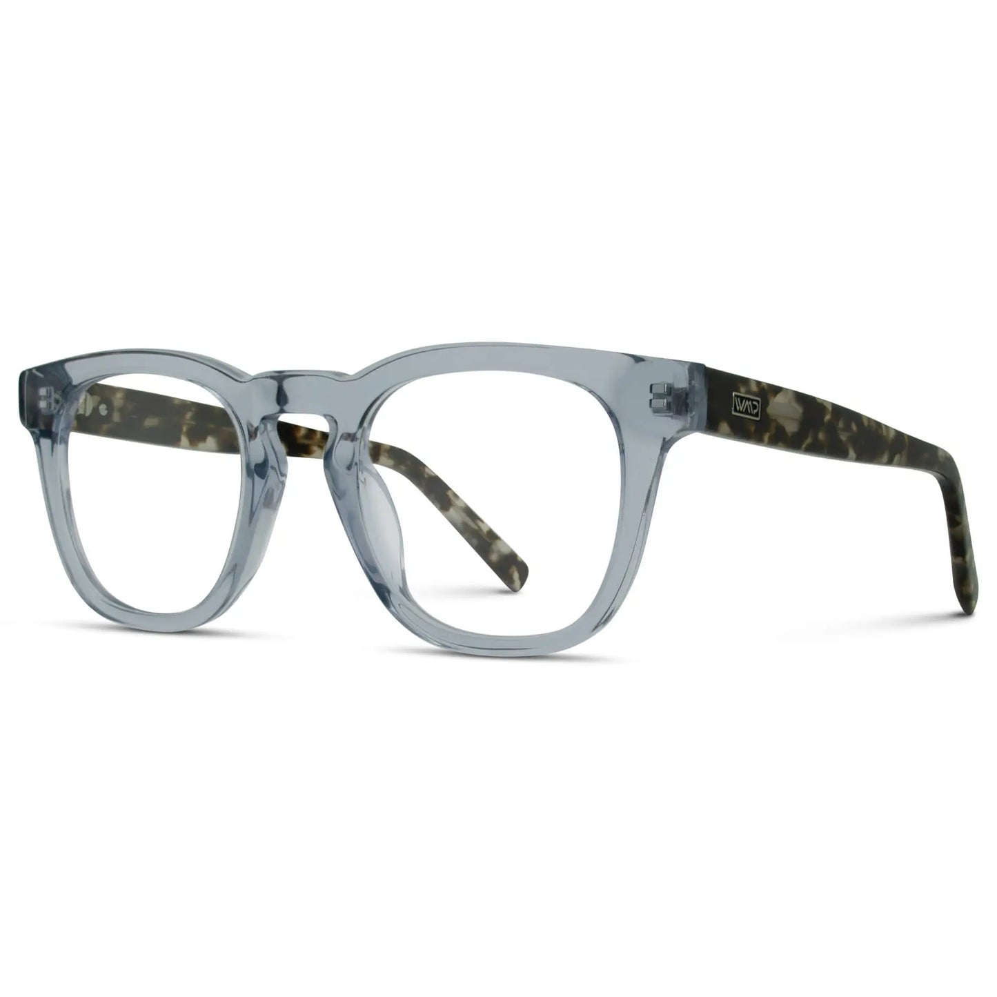 Tortoise Denim Blue || Side view of Blue Square Frame Blue Light Blocking Glasses for Computer Use on a white background 