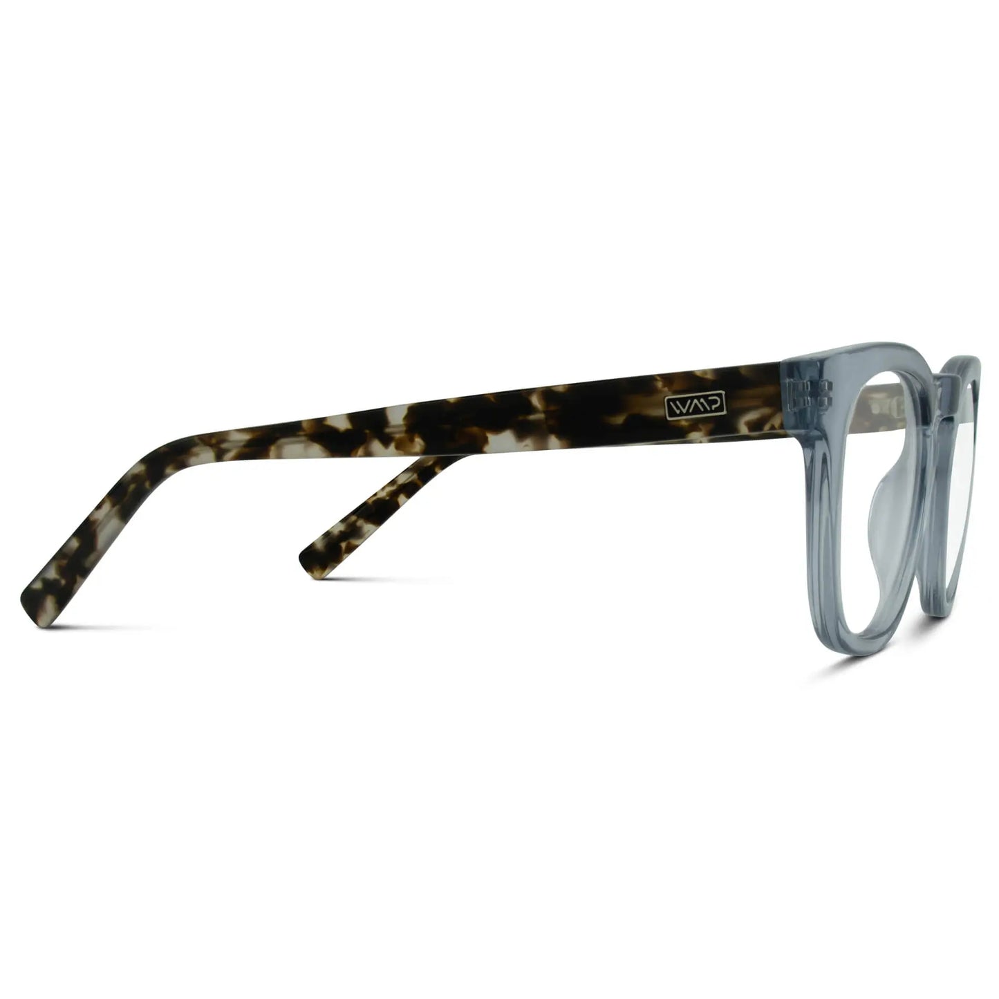 Tortoise Denim Blue || Temple view of Blue Square Frame Blue Light Blocking Glasses for Computer Use on a white background 