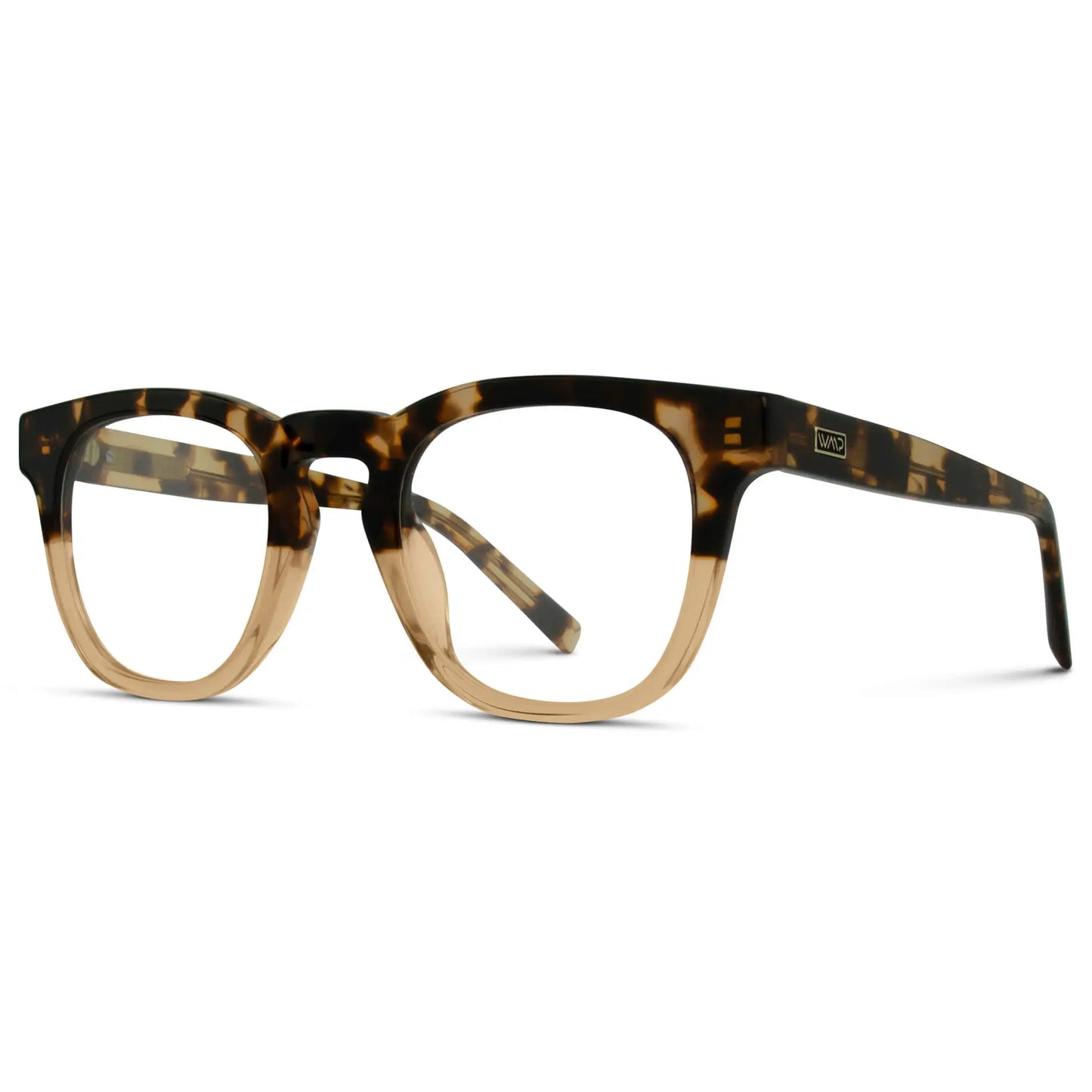 Crystal Brown Tortoise || Side view of Brown Square Frame Blue Light Blocking Glasses for Computer Use on a white background 